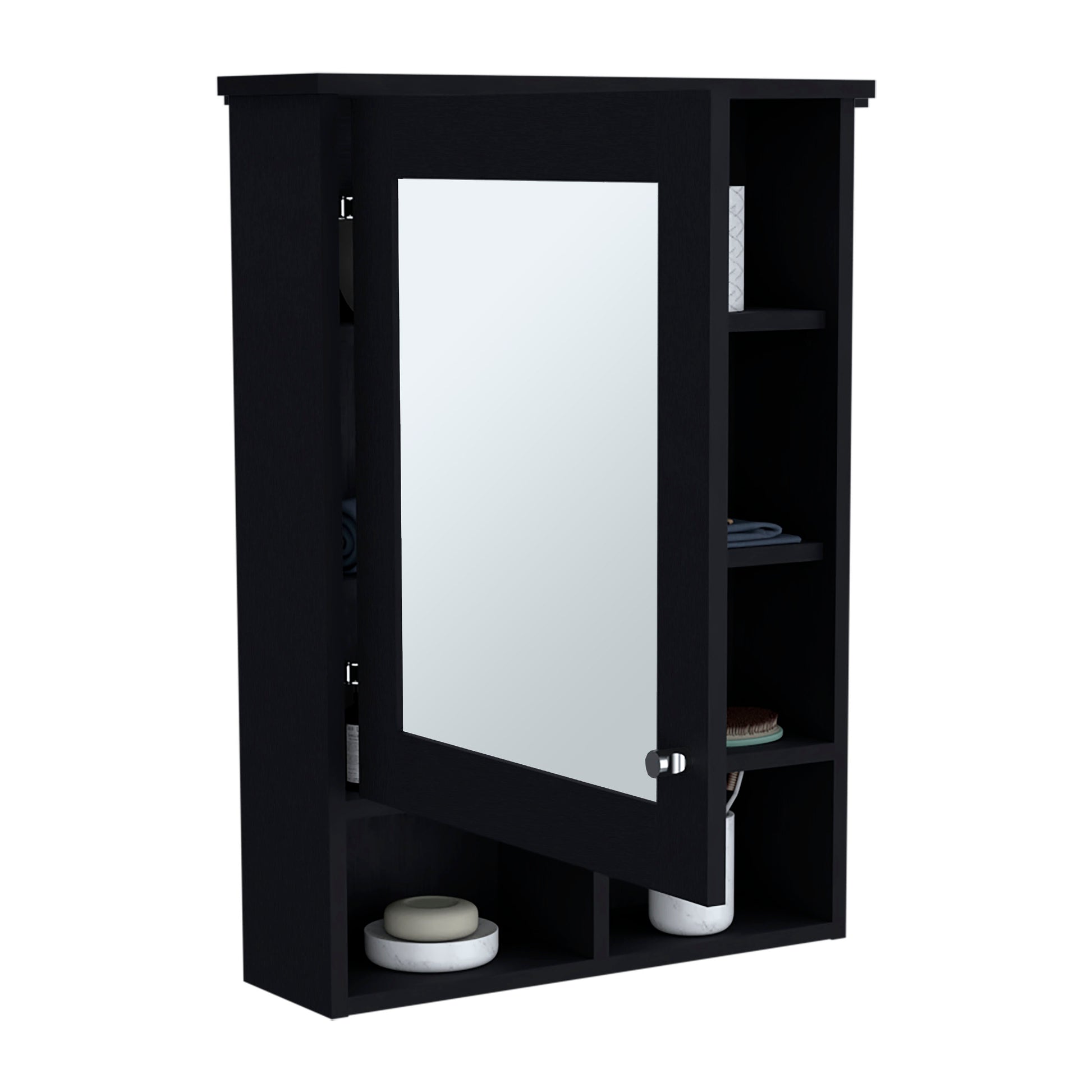 Vina Medicine Cabinet With Mirror Door 29" High Cabinet Organizer With Three Concealed Shelves And Two Open Shelves For Bathroom, Kitchen, Mudroom Black 1 5 Bathroom Wall Mounted Modern Particle