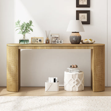 Curved Design Console Table With Unique Vertical Stripe Design ,Suitable For Living Room,Study And Entrance Natural Pine