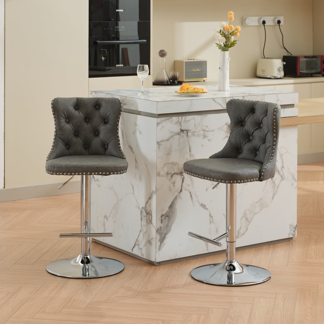 Swivel Pu Leather Barstools Adjusatble Seat Height From 25 33 Inch, Chrome Base Bar Stools With Backs Comfortable Tufted For Home Pub And Kitchen Island, Beige,Set Of 2,1512Gy Grey Dining Room American Design Bar Stools Wing Back Set Of 2 Foam Pu Leather