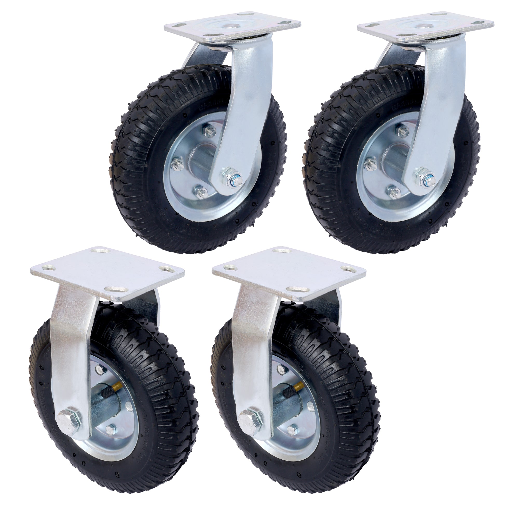 4Pcs 8In Caster Pneumatic Tire 2Pcs Swivel 2Pcs Rigid , Caster Wheel, Swivel Plate, Steel Hub With Ball Bearings, 5 8 Inch Bore Centered Axle Black Black Rubber