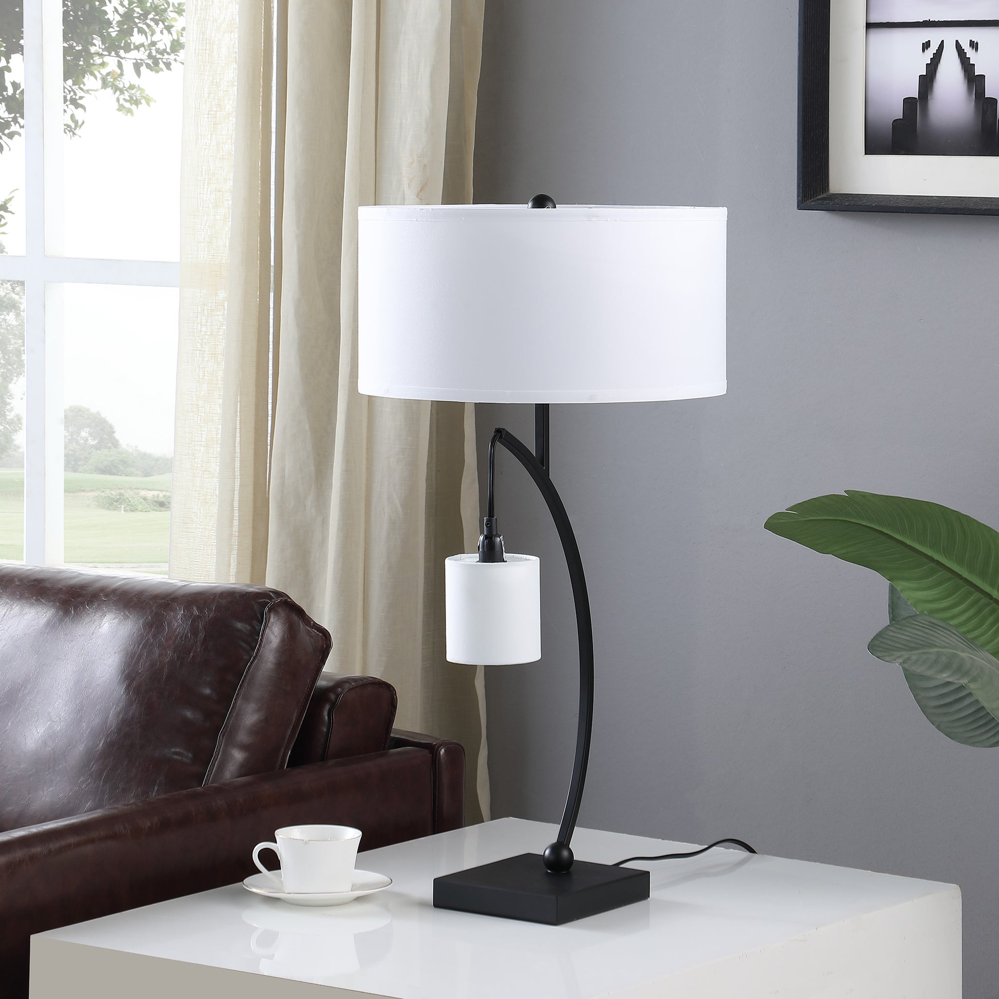 28.5" In Contemporary Dual Black Arc W Hanging Pendelum Lamp Metal Table Lamp Matte Black Metal