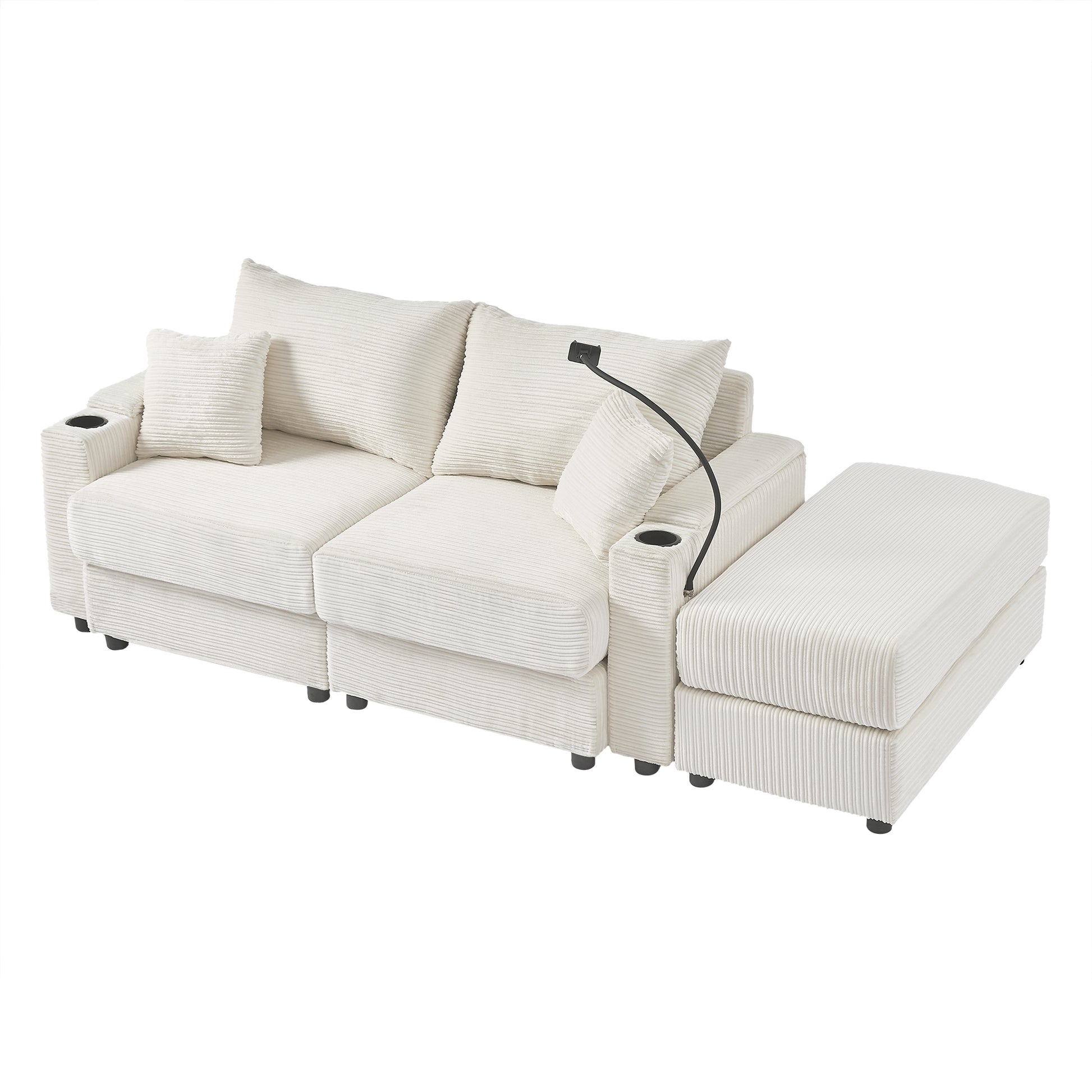 72.8" Modern Style Loveseat Sofa Sectional Sofa Couch With Storage Space, A Movable Ottoman, Two Usb Ports, Two Cup Holders, A Phone Holder For Living Room, Beige Beige Foam Corduroy 3 Seat