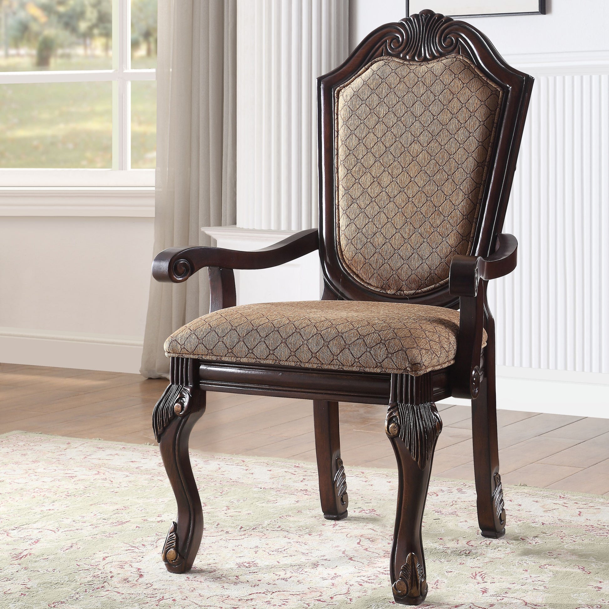 Beige And Espresso Arm Chairs With Arched Backrest Set Of 2 Solid Espresso Espresso Dining Room Foam Traditional Arm Chair Solid Back Set Of 2 Foam Wood Fabric