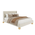 Modern Velvet Upholstered Platform Bed With Wingback Headboard And Round Wooden Legs, Cream,Queen Size Box Spring Not Required Queen Cream Wood Bedroom Modern Bed Frame Velvet Wood