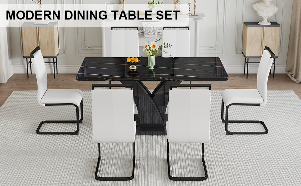 Table And Chair Set, Modern Dining Table, Black Tabletop And Black Mdf Leg Table, Soft And Comfortable Dining Chair, Perfect For Dinner, Meetings, Home And Office Decor White Black Mdf