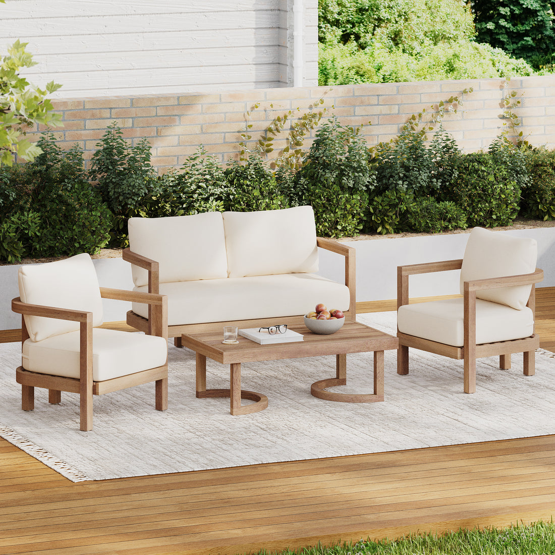 4 Pieces Acacia Wood Patio Furniture Set, Outdoor Furniture With Coffee Table, Patio Conversation Set Deep Seating With Soft Cushion, Porch Chairs For Garden, Backyard Porch Balcony, Brown Wash, Beige Yes Brown Beige Seats 4 Garden & Outdoor Sectional