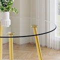 A Modern Minimalist Style Round Transparent Tempered Glass Table With Gold Metal Legs, Paired With 6 Modern Pu Leather High Back Dining Chairs ,Bring A Luxurious Experience. Black Seats 6 Glass Metal