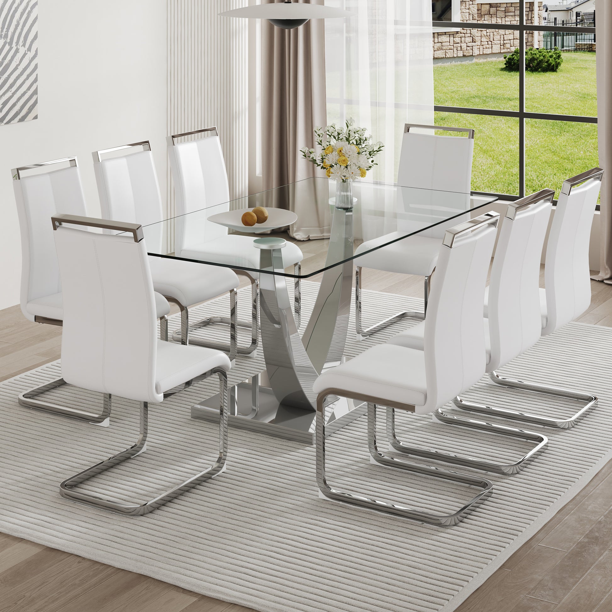 Table And Chair Set. Large Modern Rectangular Table With Glass Top And Silver Metal Legs. Furnished With Soft And Comfortable Pu Chairs With Faux Leather Upholstered Seats And Silver Metal Legs. White Silver Seats 8 Glass Metal