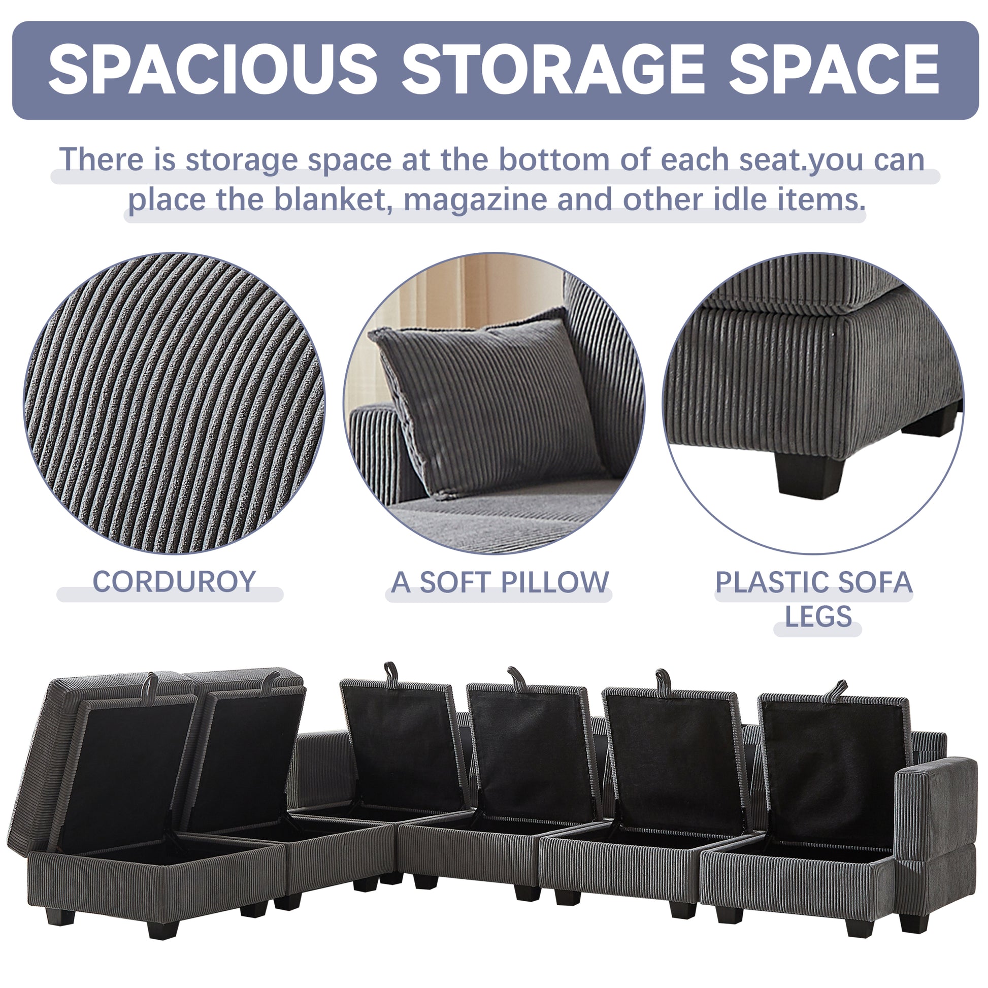 113.5'' Modular Sectiona Corduroy Sofa, Sectional Couches For Living Room U Shaped Sectional Couch With Storage Ottoman, 6 Seats Convertible Sectionals With Chaise Dark Gray Corduroy 6 Seat