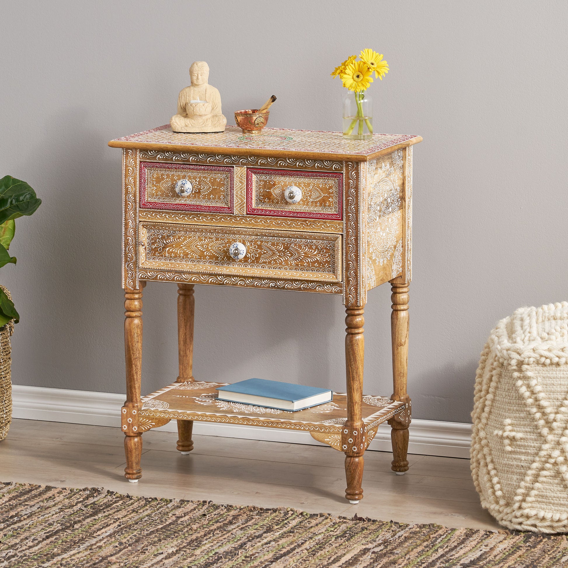 Wooden 2 Drawer End Table Natural Wood