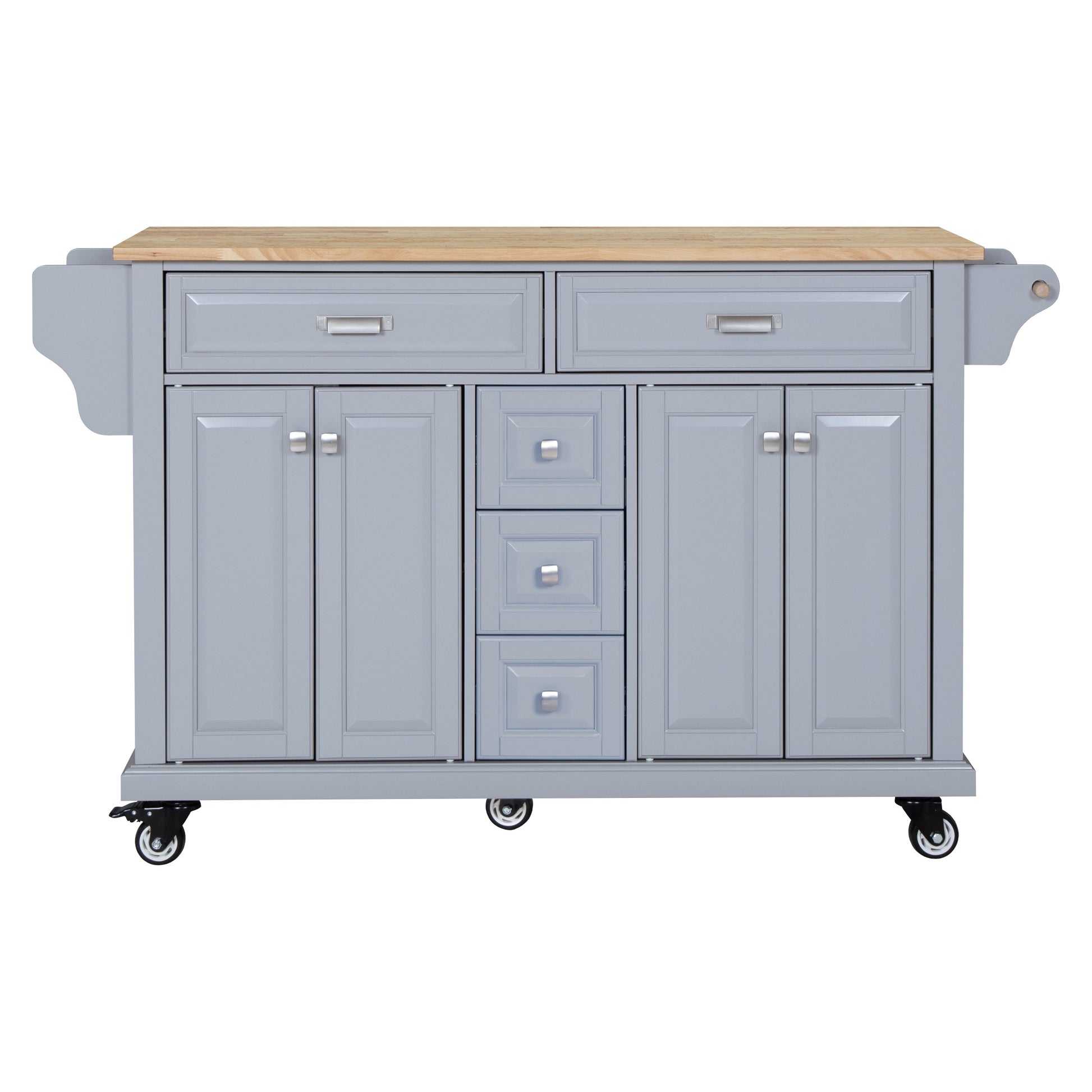 Kitchen Island With Rubber Wood Countertop, Kitchen Cart On 5 Wheels With Storage Cabinet And 5 Drawers For Dinning Room, Grey Grey Dining Room Rectangular Rubberwood Solid Wood Mdf Large 56 In