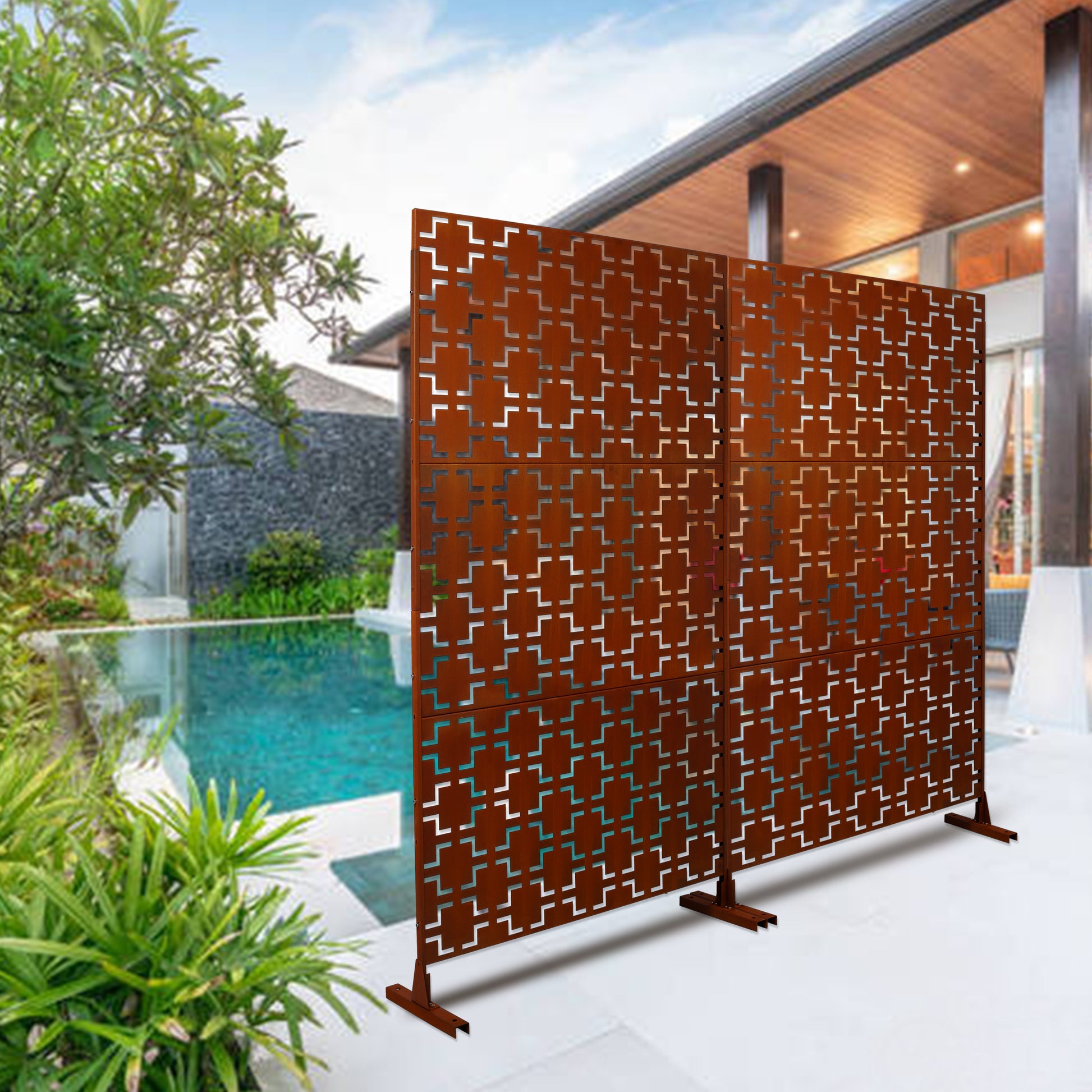 Outdoor & Indoor Privacy Screen Metal Privacy Screen 76" H 48" W, Freestanding Decorative Privacy Screen For Deck Balcony Patio, Privacy Fence Panels For Outside Lawn Garden Ps105 Rusty Rust Red Steel