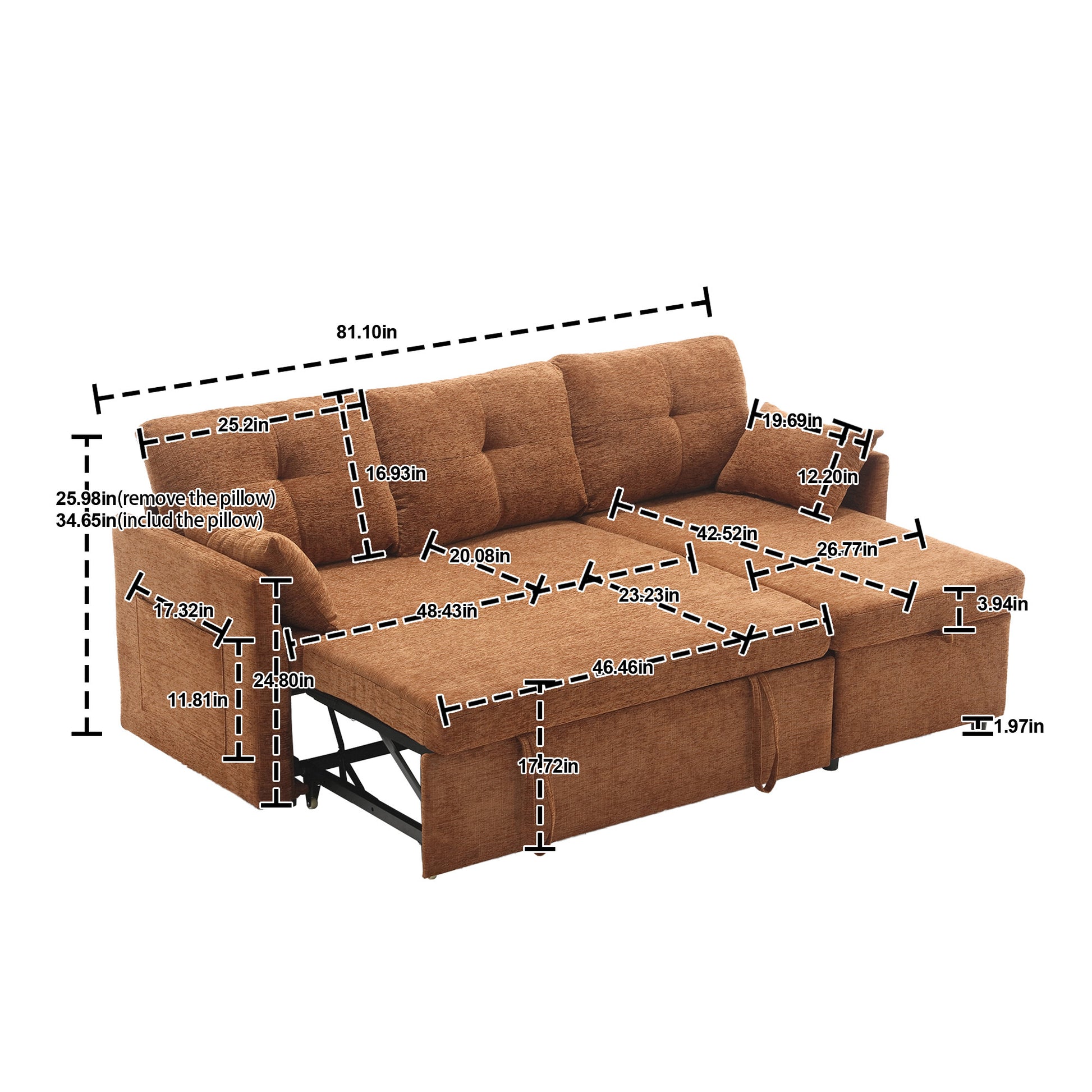 United We Win Furniture, Modular L Shaped Sofa, Modular Long Sofa With Reversible Chaise Lounge, Sofa Bed, Sleeper Sofa, Modular Sofa Combination With Storage Seats. Brown Chenille 3 Seat