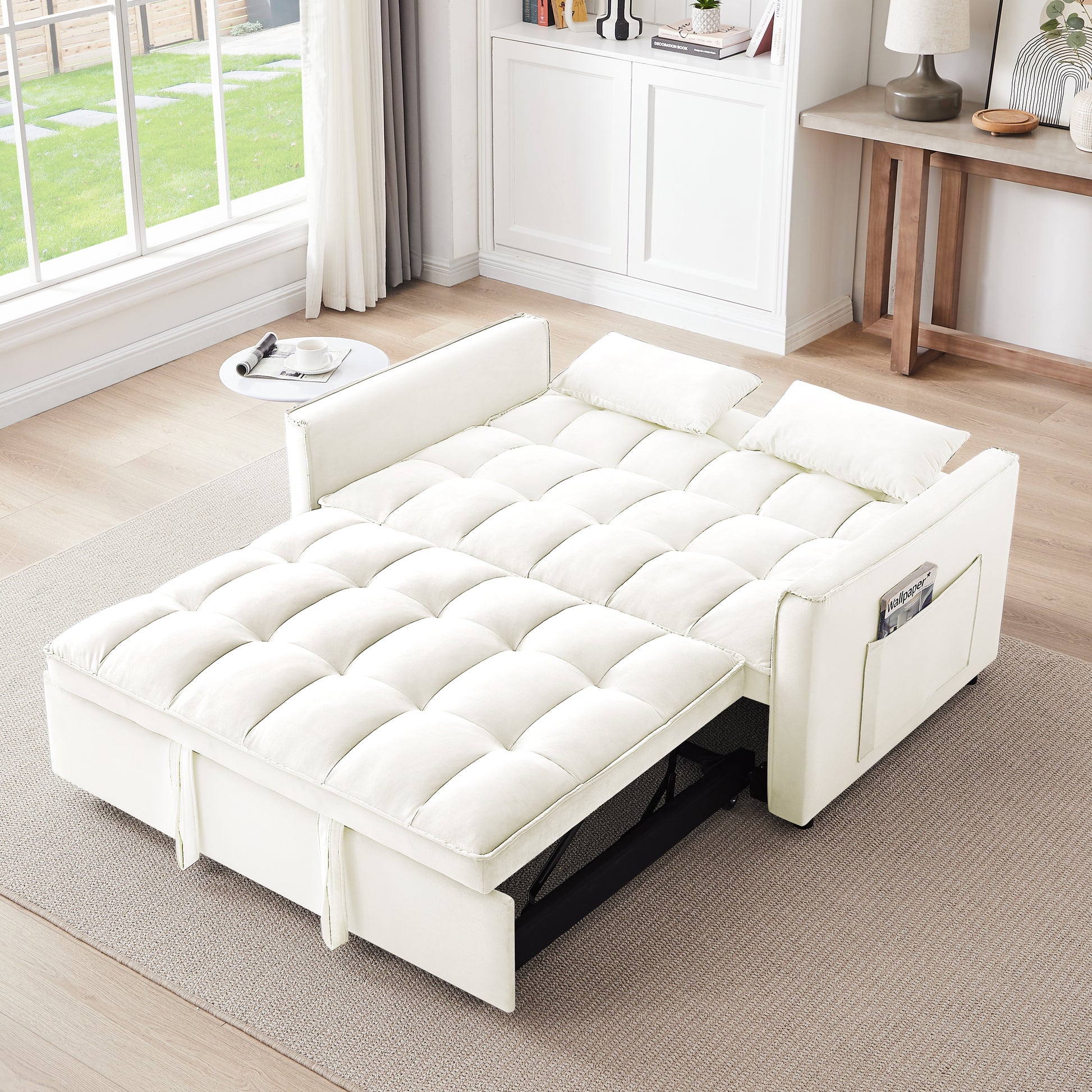 55.1 Inch 3 In 1 Convertible Sofa Bed, Modern Velvet Double Sofa Futon Sofa Bed With Adjustable Back, Storage Bag And Pillow, For Living Room, Bedroom Off White Light Brown Wood Primary Living Space Medium Duty Eucalyptus 2 Seat Beige White Velvet Soft