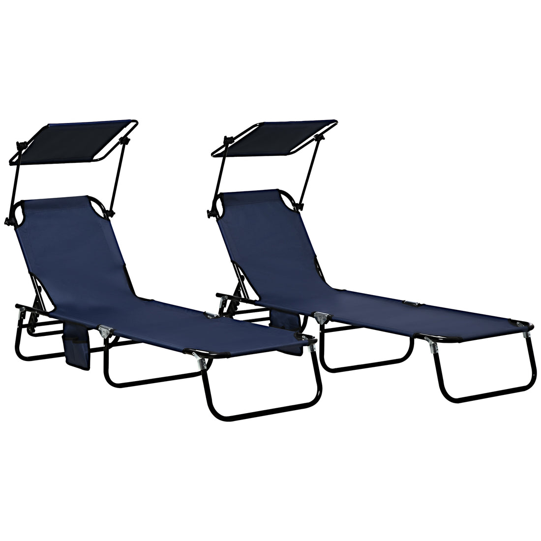 Outsunny Folding Chaise Lounge Pool Chairs, Outdoor Sun Tanning Chairs With Canopy Shade, Reclining Back, Steel Frame And Side Pocket For Beach, Yard, Patio, Dark Blue Dark Blue Steel