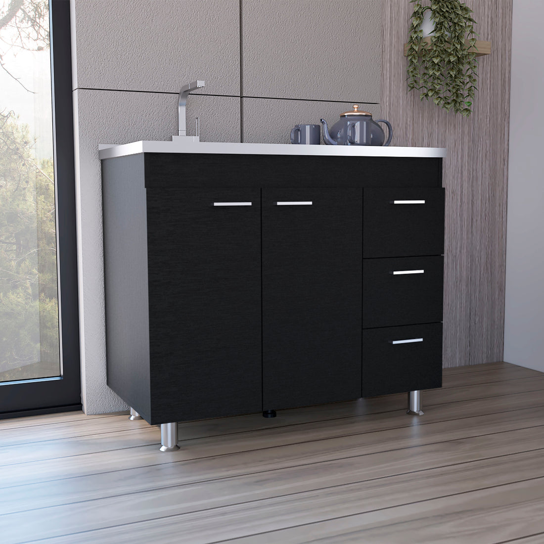 Ferretti Utility Sink With Three Drawers And Double Door Cabinet Black Kitchen Shelves Included Modern Particle Board