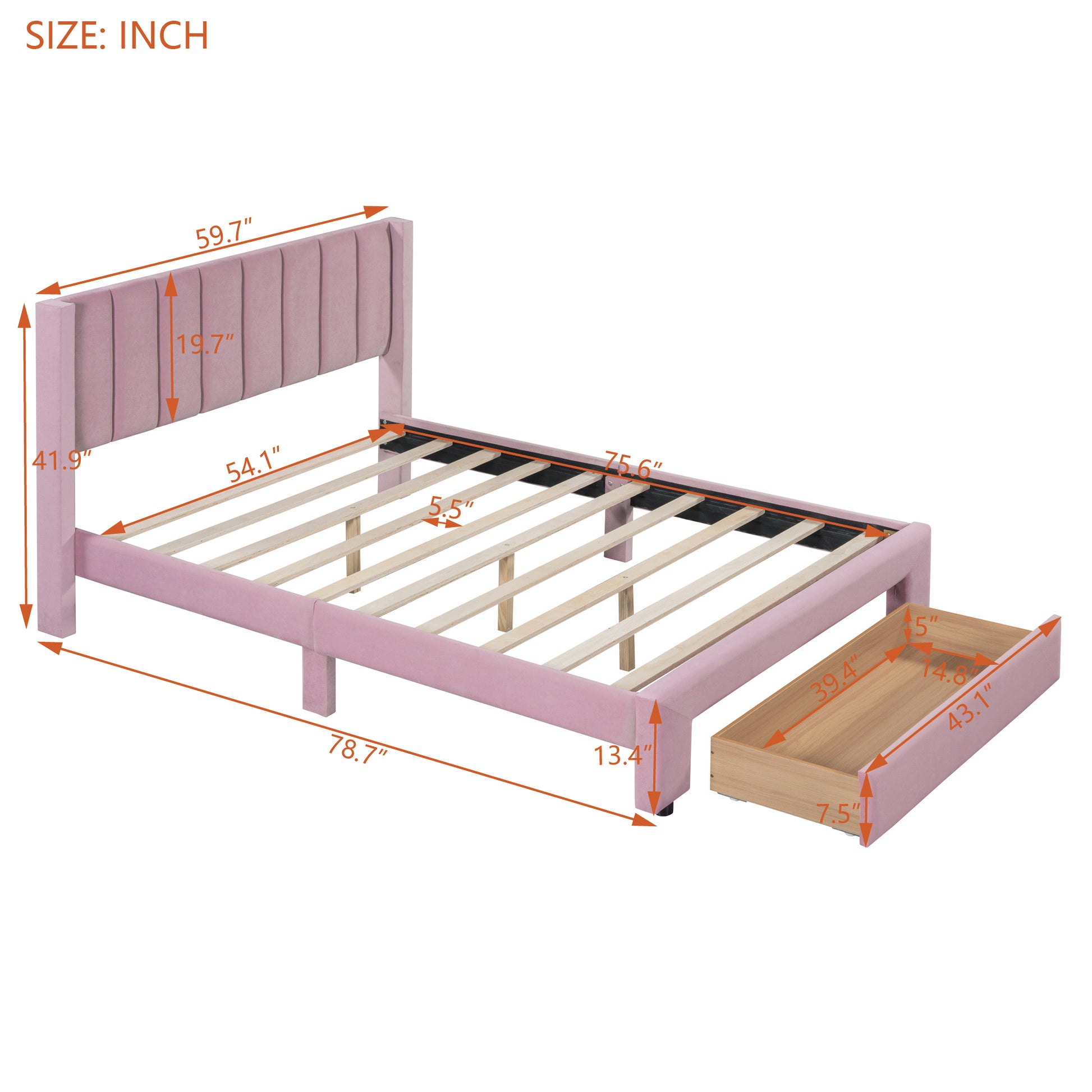 Full Size Storage Bed Velvet Upholstered Platform Bed With A Big Drawer Pink Old Sku:Wf296850Aah Full Pink Velvet