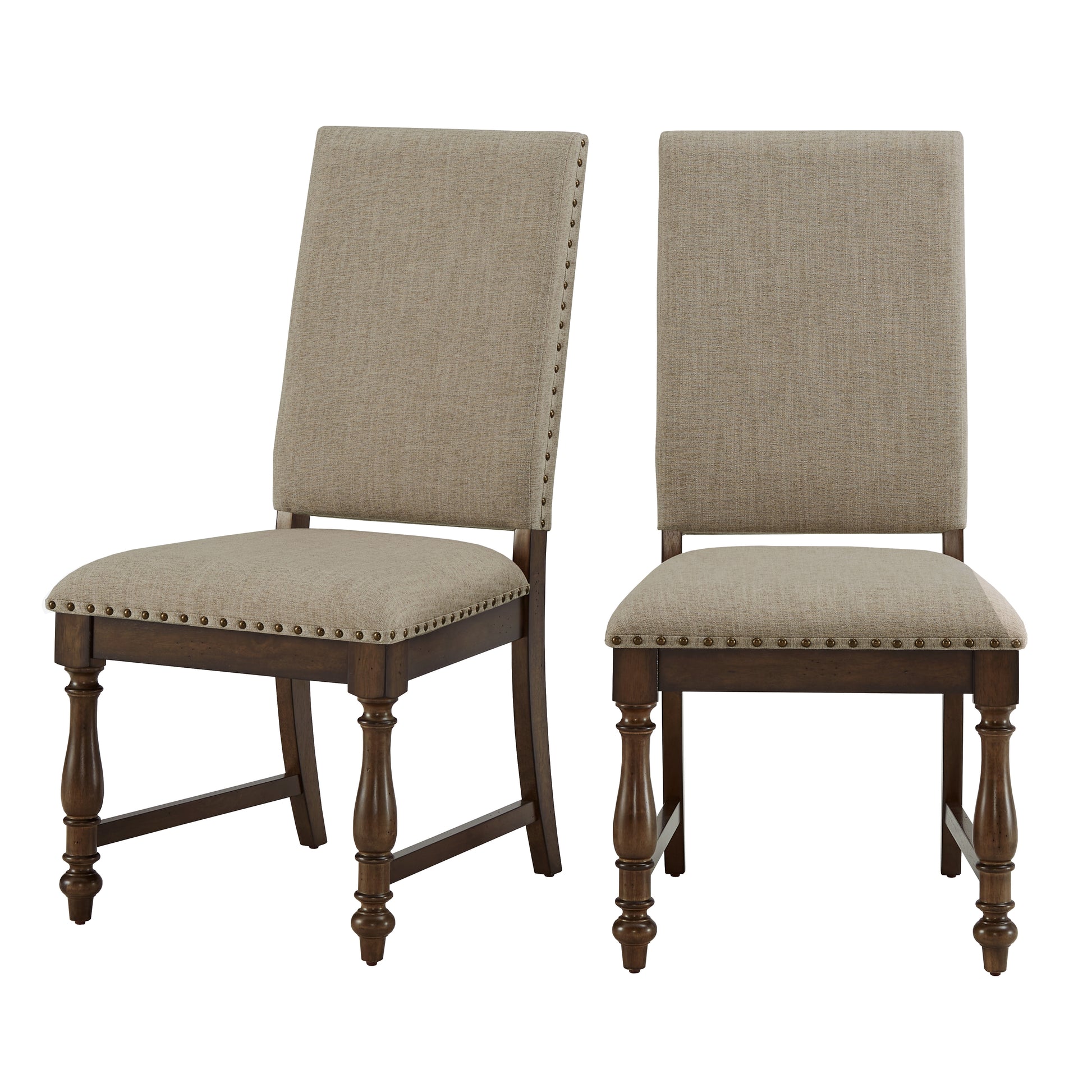 Traditional Classic Brown Dinng Chair Set Of 2 Beige Fabric Upholstered Trim Wooden Dining Room Furniture Brown Mix Dining Room Traditional Side Chair Wood