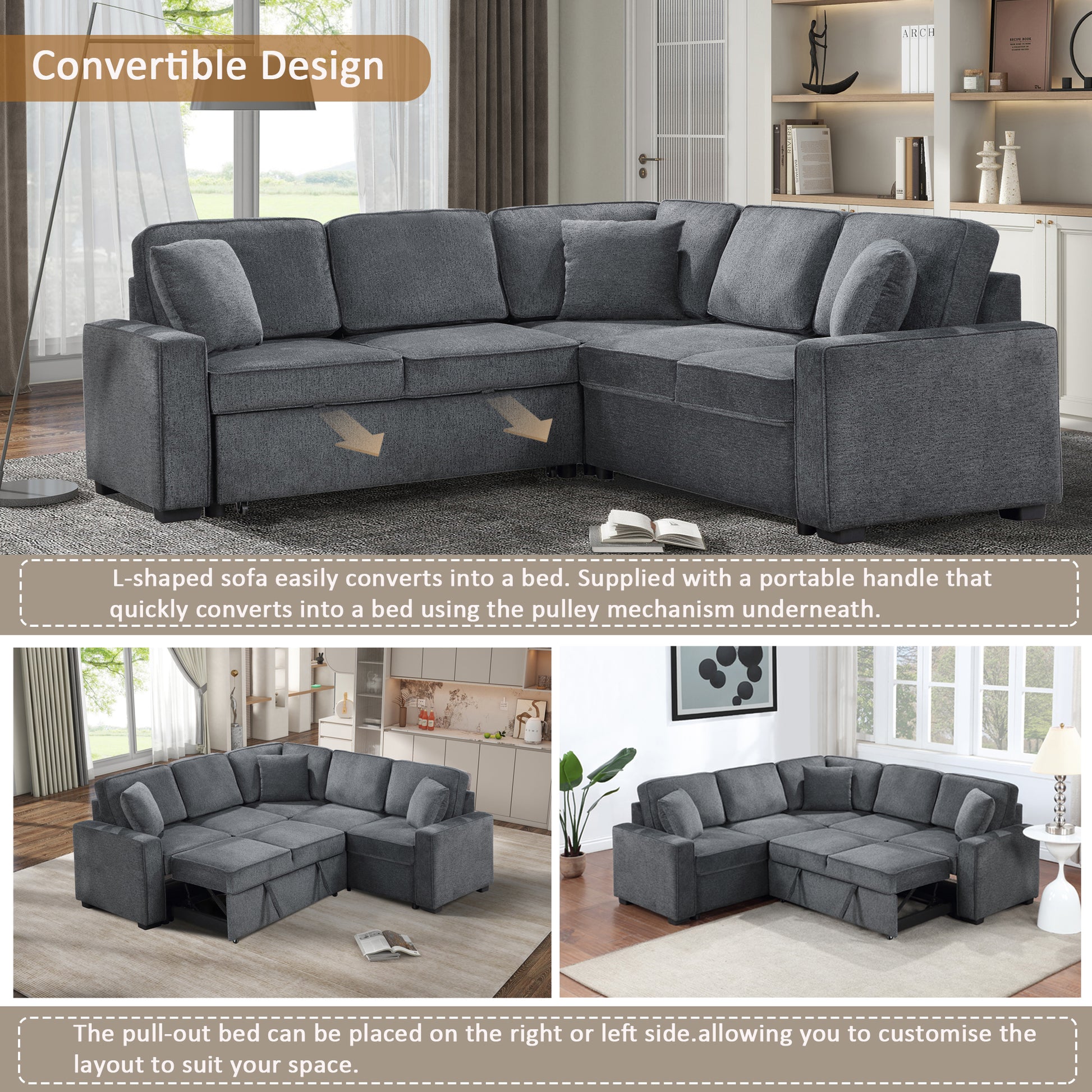 Modular Sofa, Sectional Couch L Shaped Sofa Couch With Pullout Sleeper, 5 Seat Chenille Corner Sofa For Living Room, 3 Pillows Included, Dark Gray Dark Gray Chenille Foam Plywood 5 Seat