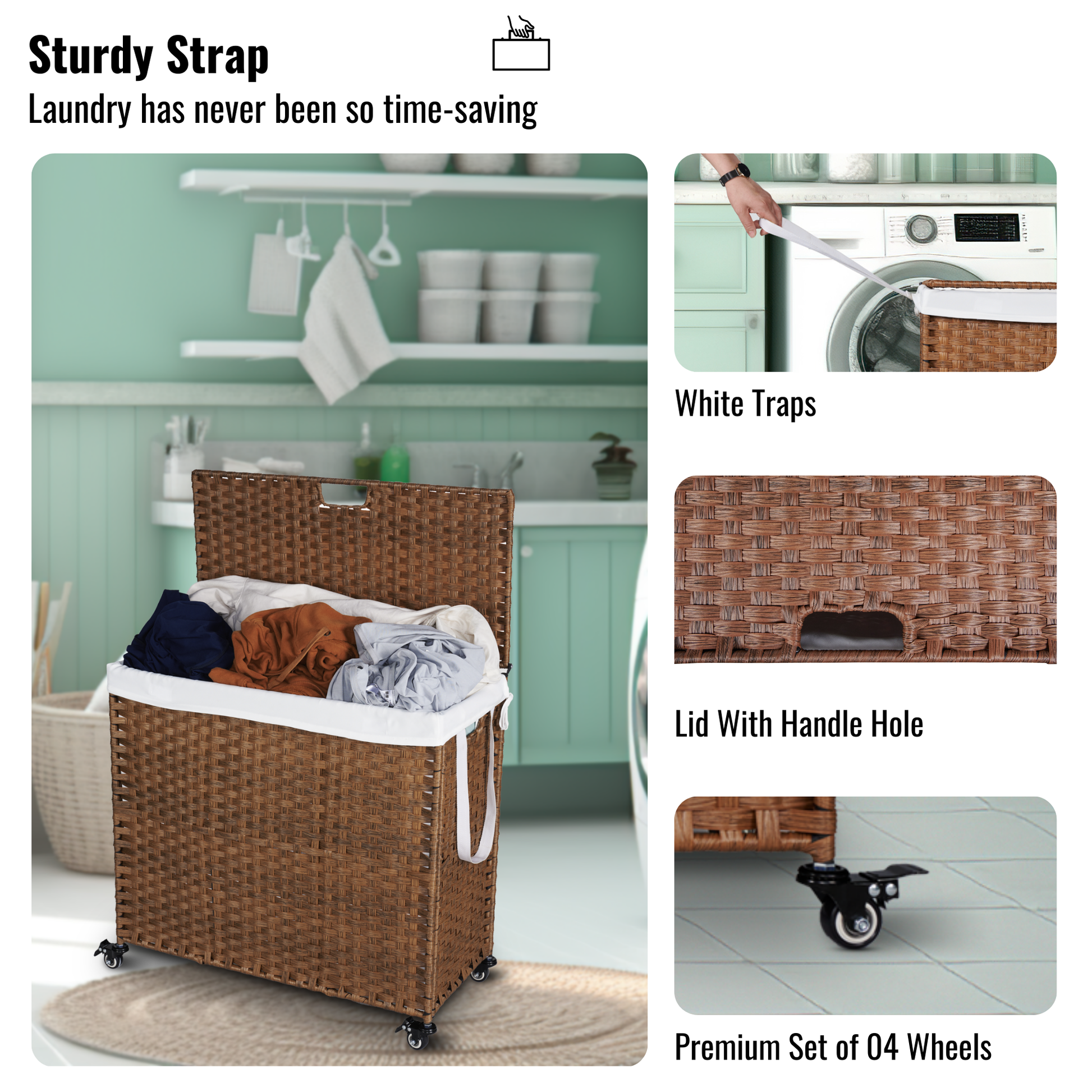 Laundry Hamper With Lid Pe Rattan Powder Coating Frame Clothes Hampers With 02 Removable Bags, Wheels, 160L, Brown Color Brown 1 Bathroom American Design,American Traditional Wicker