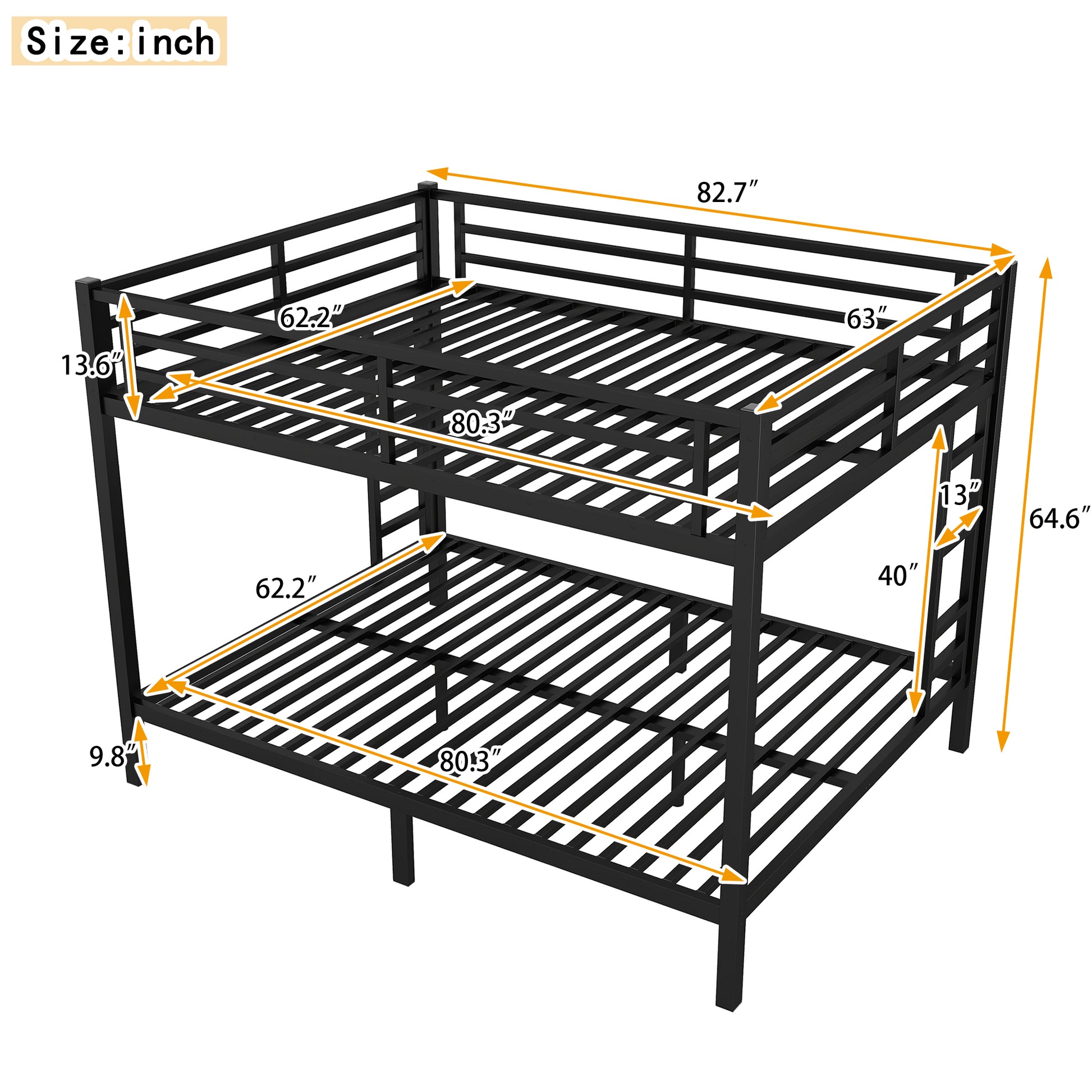 Metal Queen Over Queen Bunk Bed For Teens And Adults,Space Saving Noise Reduced No Box Spring Needed, Black Box Spring Not Required Queen Black Metal