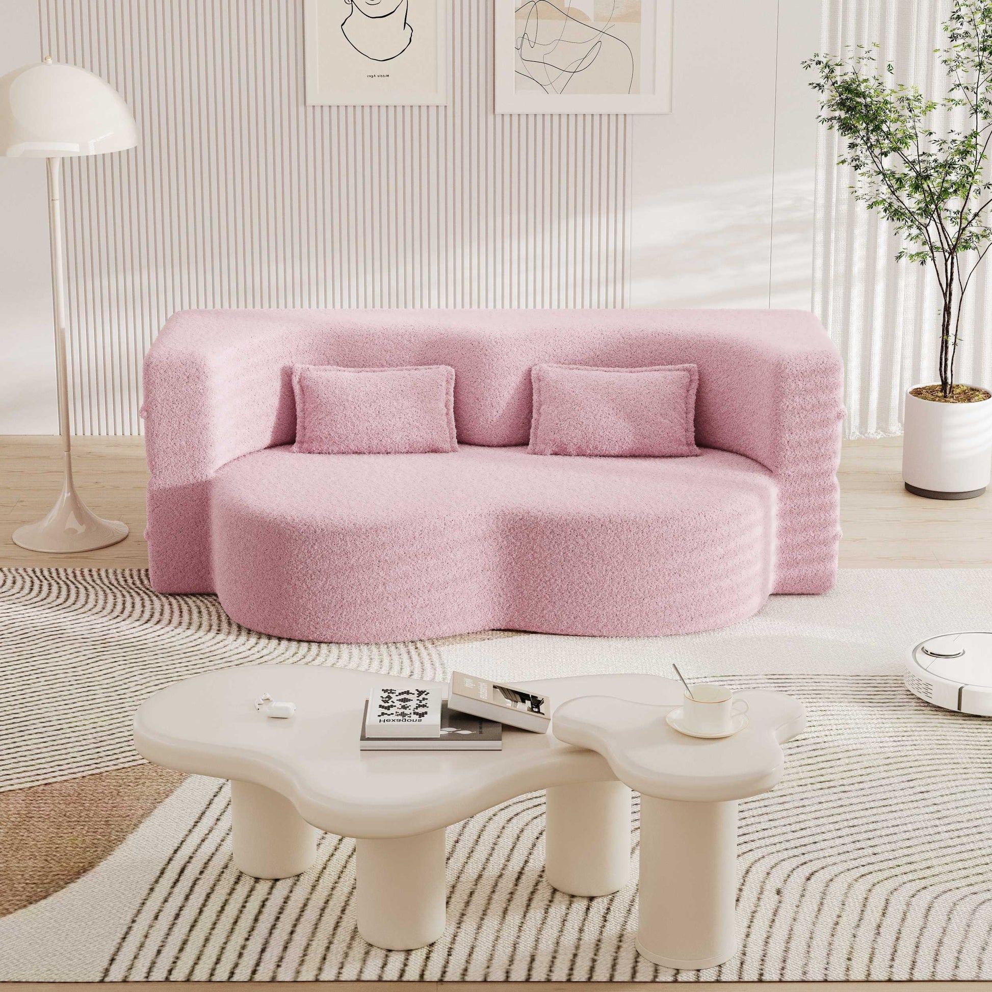 Modern Floor Sofa With 2 Pillows,Convertible Teddy Fabric Foam Filled Sleeper Sofa Bed,15" Full Size Folding Mattress For Living Room, Guest Bed, Playroom,No Assembly Required,Pink Pink Foam Spring 2 Seat