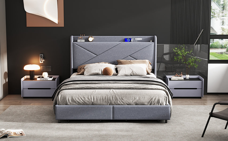 Queen Size Upholstery Platform Bed With Storage Headboard, Led, Usb Charging And 2 Drawers, Gray Queen Gray Upholstered
