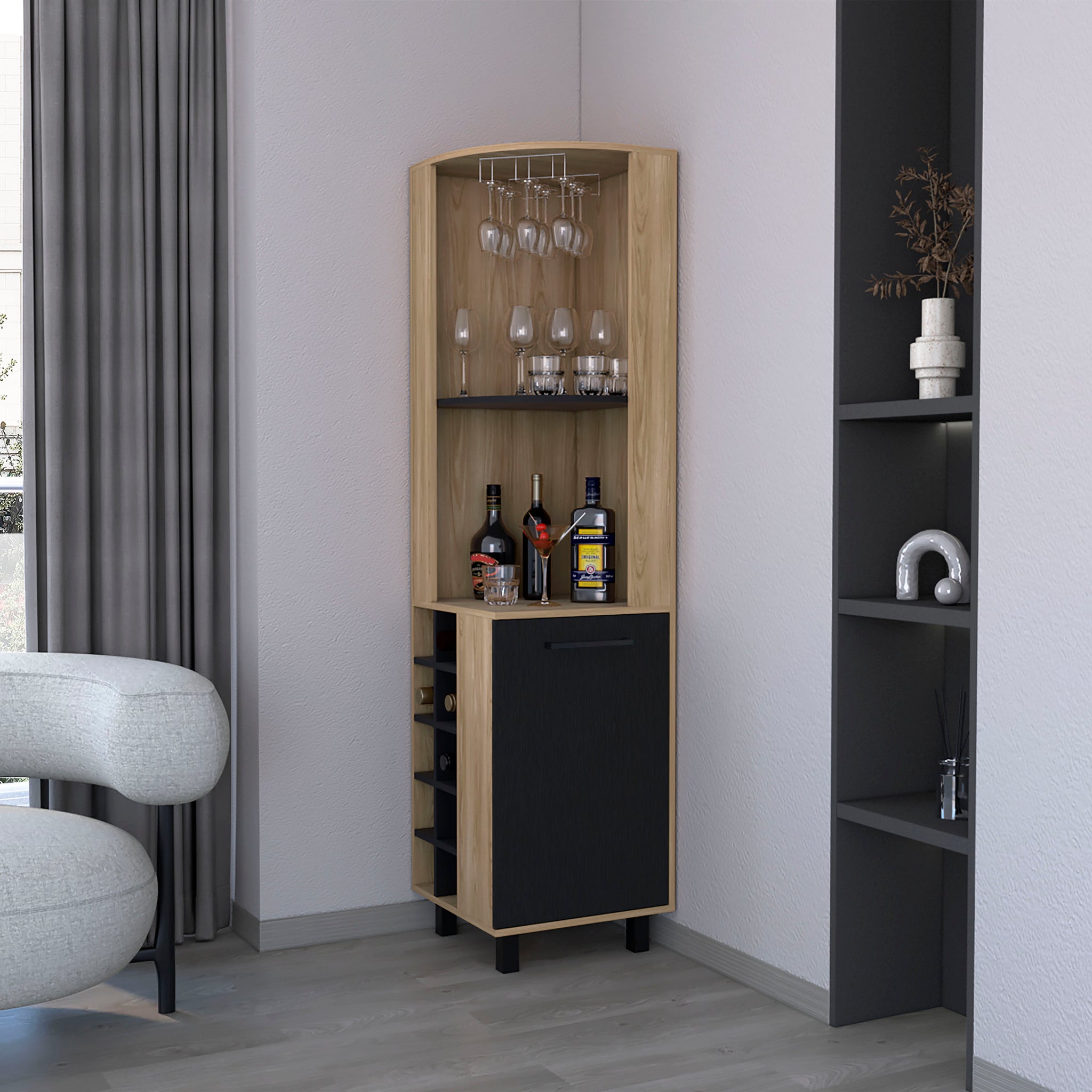 Leah Corner Bar Cabinet In Melamine, Glass Holder, Wine And Wine Rack. Freestanding 5 Or More Spaces Multicolor Primary Living Space Open Storage Space Contemporary Pine Particle Board Melamine