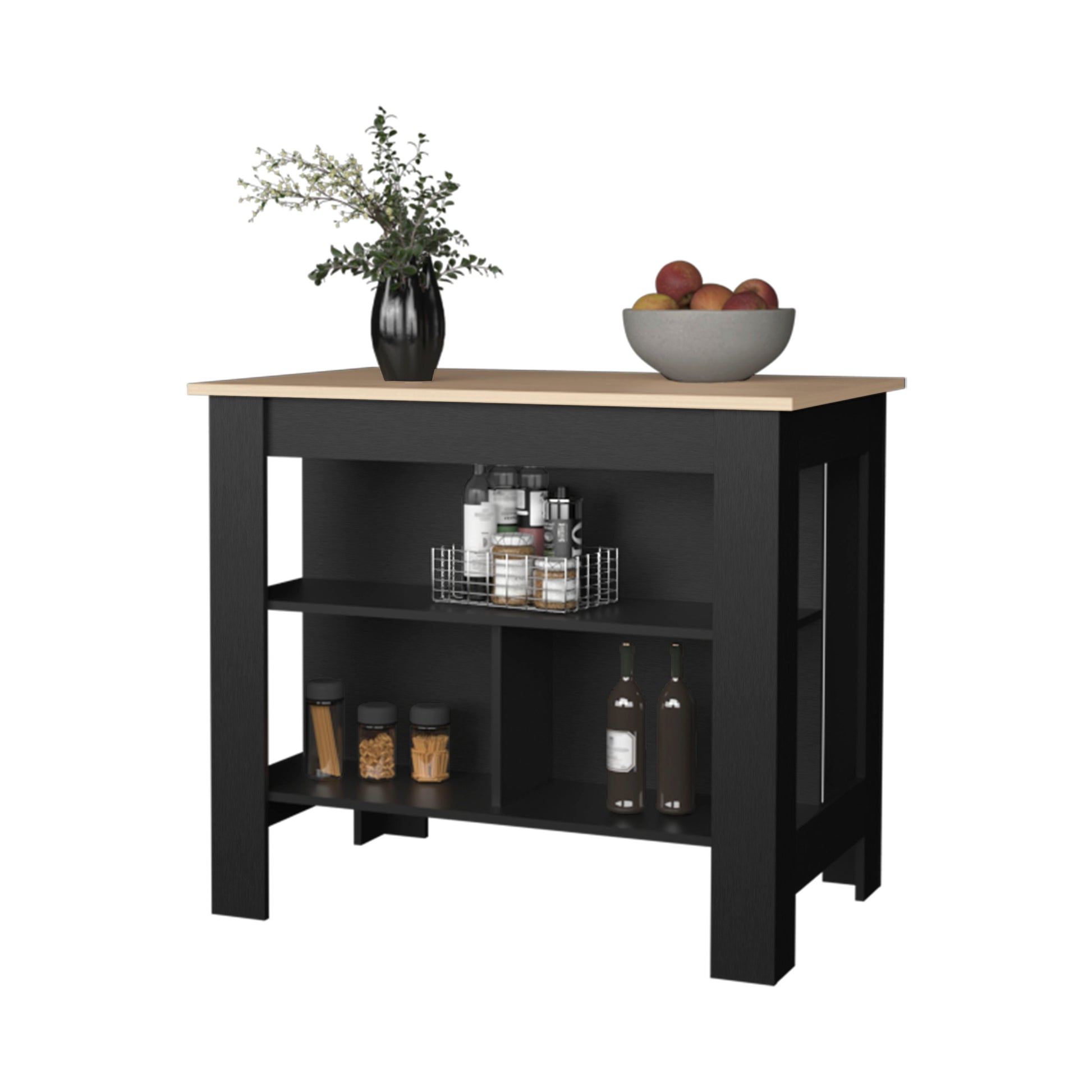 Brooklyn Kitchen Island In Melamine With Open Storage,Light Pine Black Multicolor Particle Board Melamine