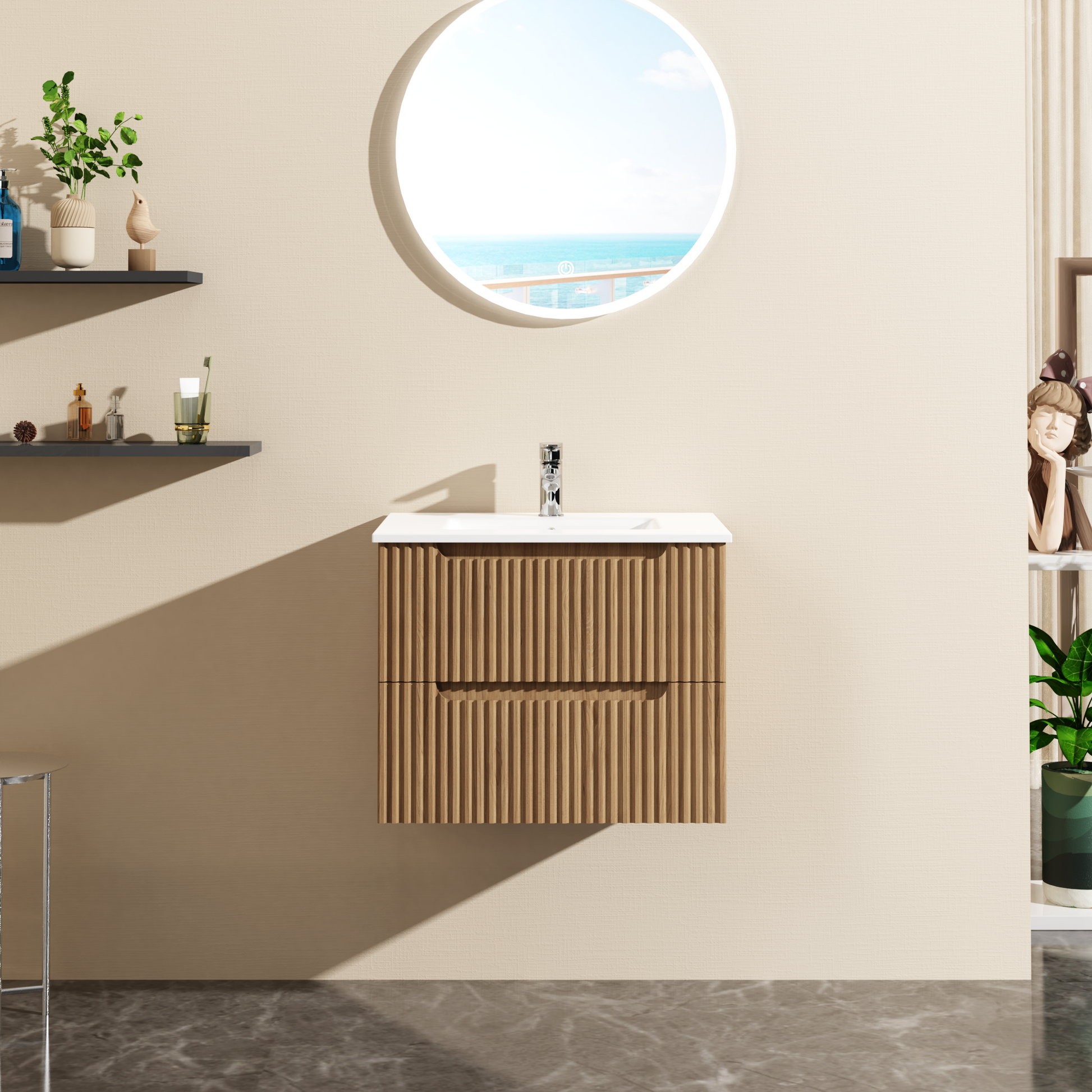 Goodyo 24" Wall Mount Bathroom Vanity Cabinet With White Basin Sink Combo Floating, Walnut 2 Walnut Bathroom Wall Mounted Mdf Mdf