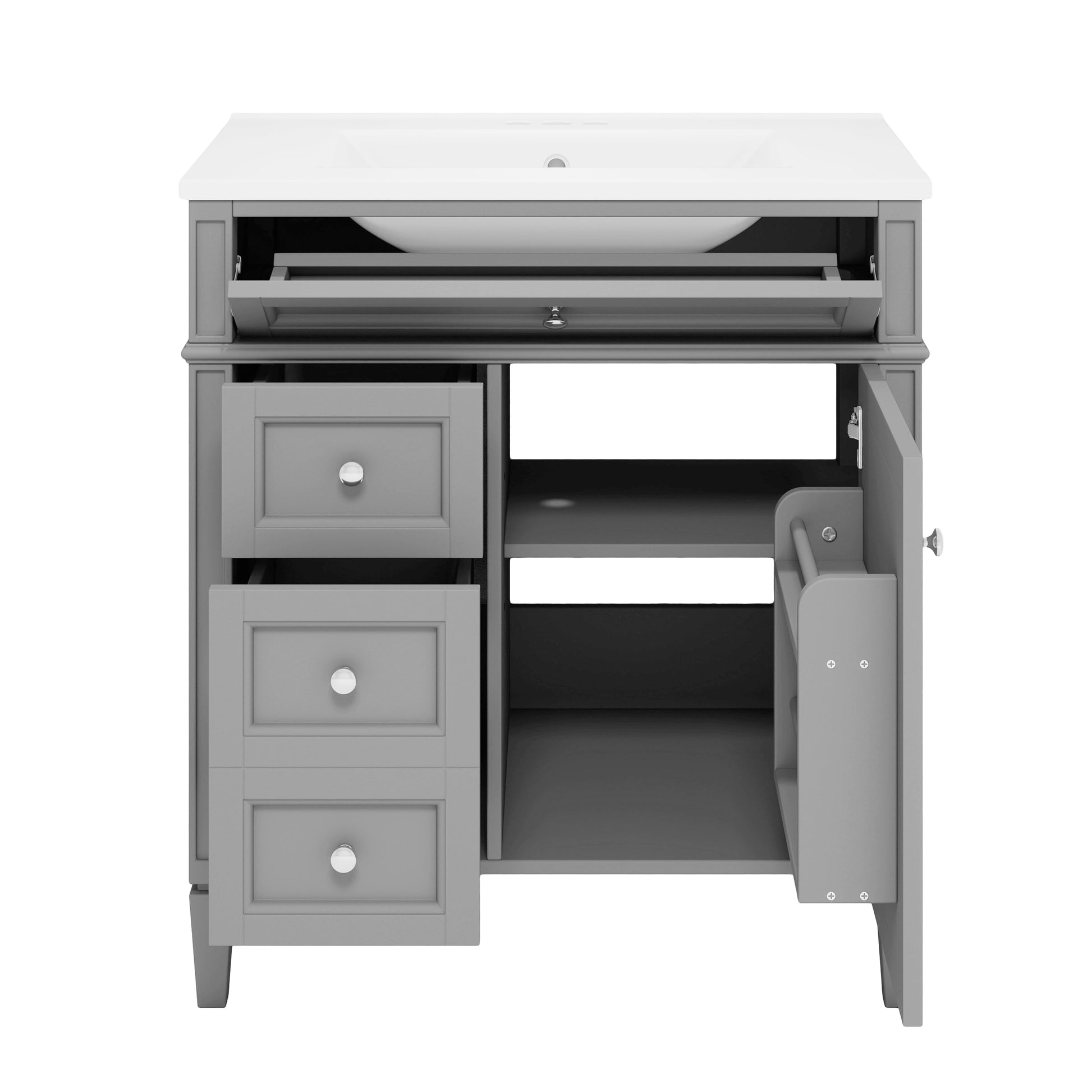 30'' Bathroom Vanity With Top Sink, Modern Bathroom Storage Cabinet With 2 Drawers And A Tip Out Drawer, Single Sink Bathroom Vanity Grey Modern Mdf Ceramic,Solid Wood Mdf