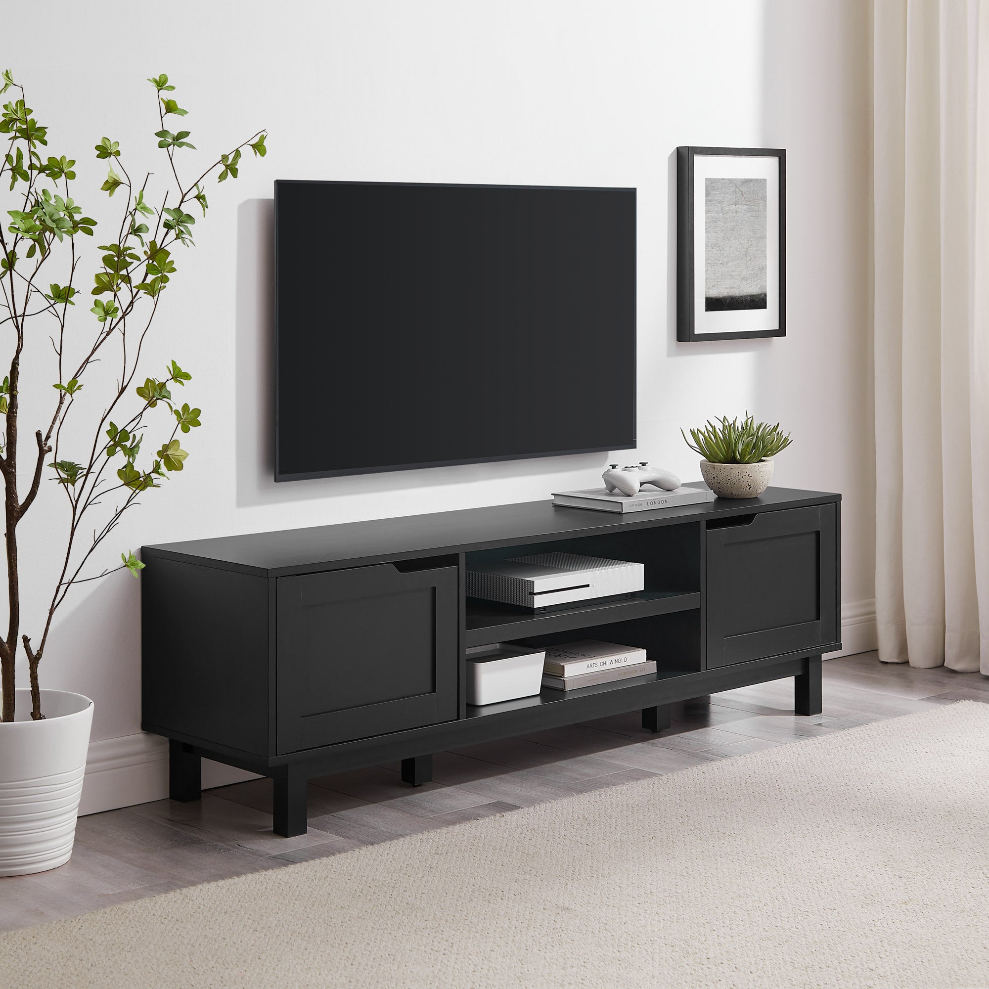 Modern 2 Door Open Storage Tv Stand For Tvs Up To 65 Inches Solid Black Black 60 69 Inches Mdf Mdf