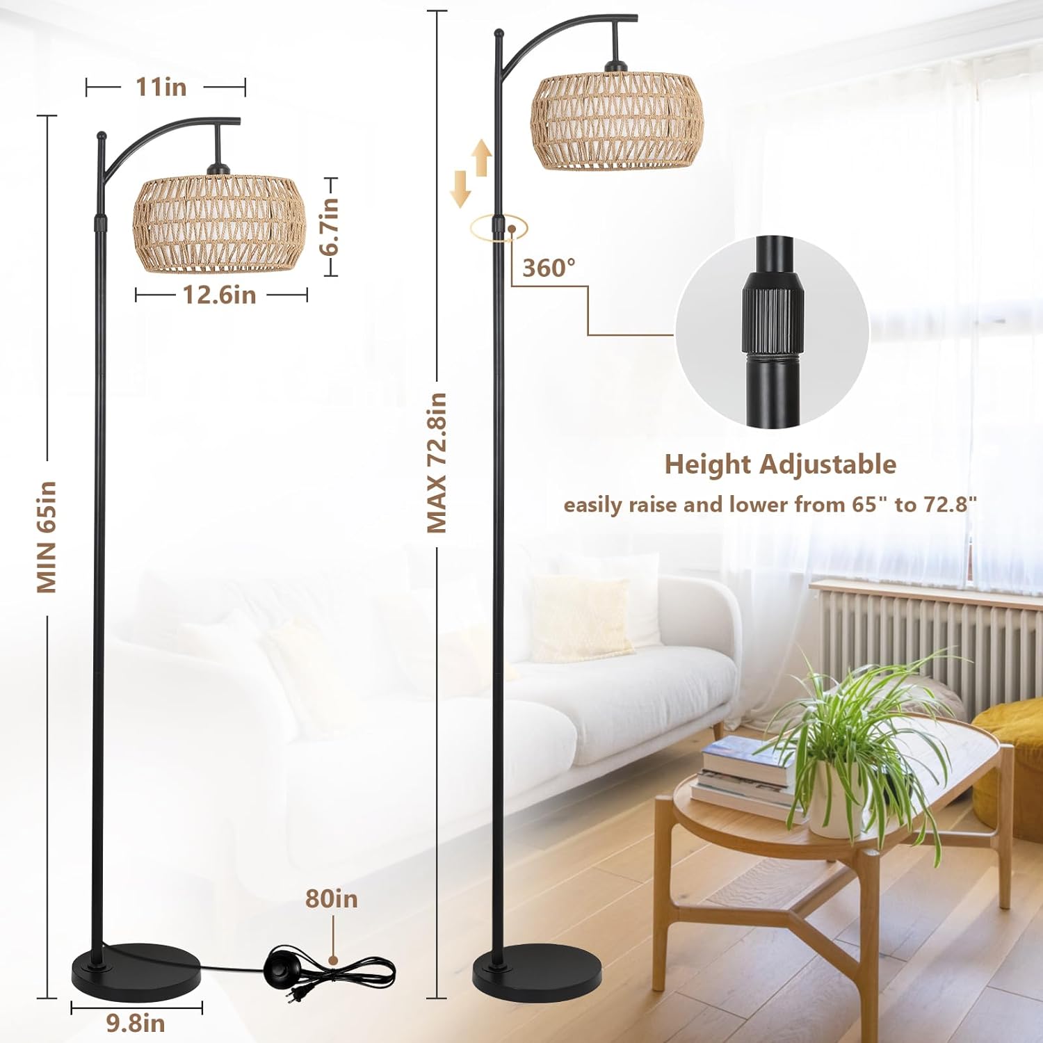 Arc Floor Lamp With Remote Control, Dimmable Led Floor Lamp With 3 Color Temperature, Black Standing Lamp With Rattan & Fabric Double Drum Shade, Boho Farmhouse Tall Pole Lamp For Living Room Bedroom Brown Black Rattan Metal