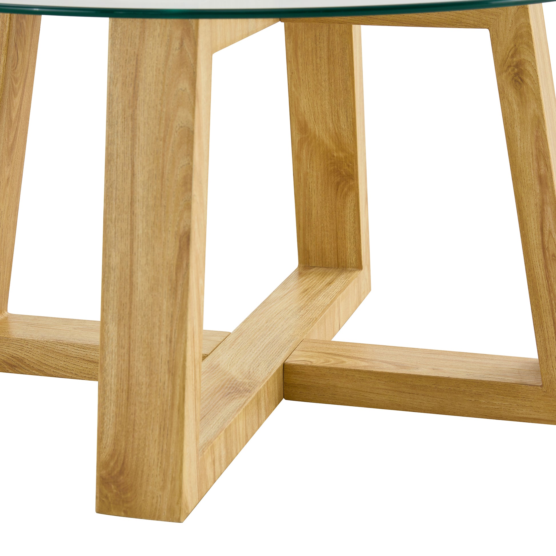 Modern Practical Circular Coffee Tables. Made Of Transparent Tempered Glass Tabletop And Wood Colored Mdf Material. Suitable For Living Rooms And Bedrooms.31.5"*31.5"*17.7" Transparent Glass