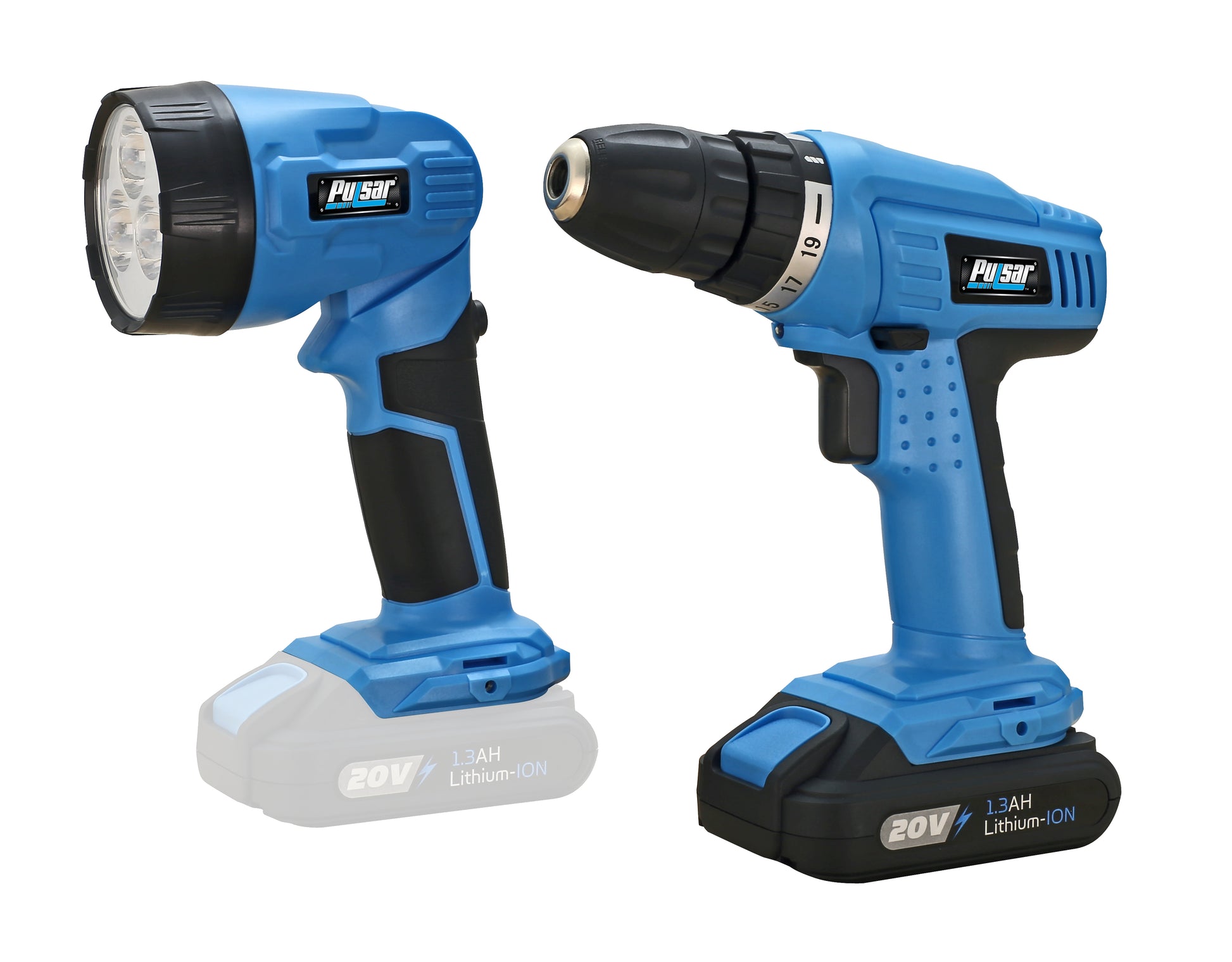 20V Cordless 1.3Ah Lithium Ion Drill & Flashlight Kit Cordless Lamp Black Blue Metal