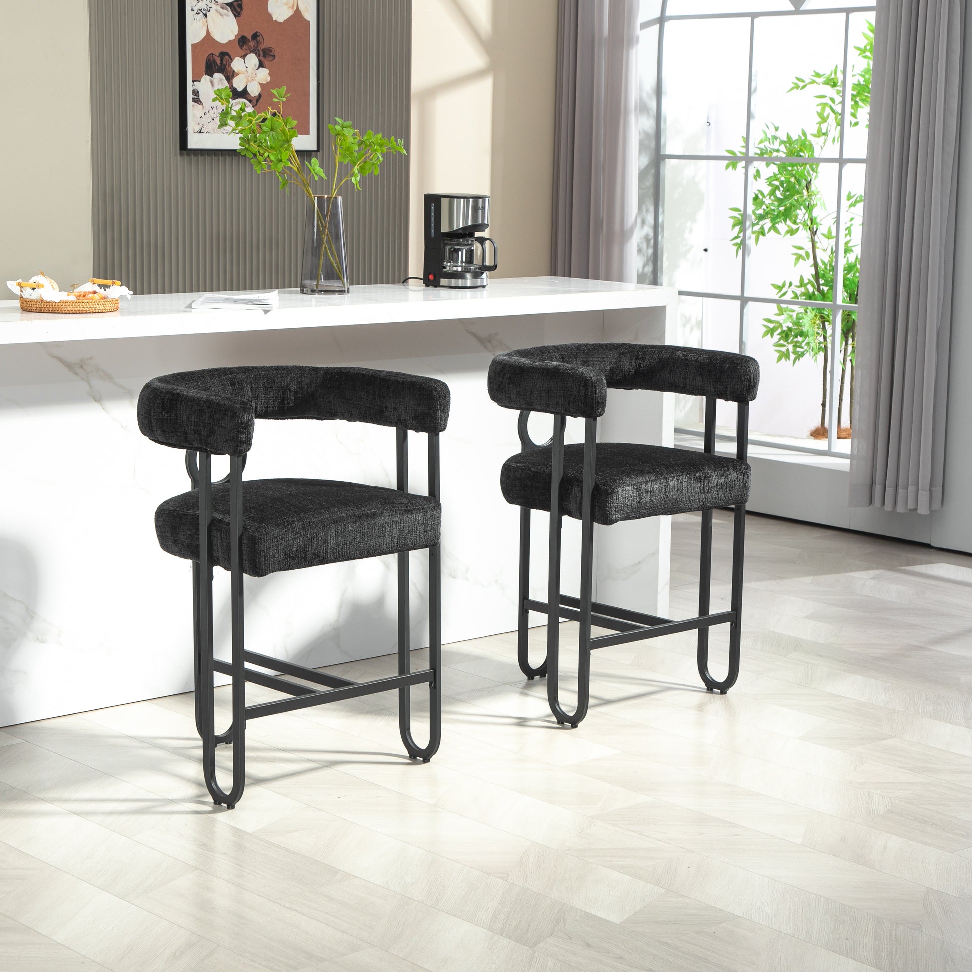 Coolmore Bar Stools Set Of 2, Modern Bar Stool With Back, Black Metal Frames, Upholstered Bar Stools For Kitchen Island, Pub, Club Black Chenille Black Dining Room Foam Chenille