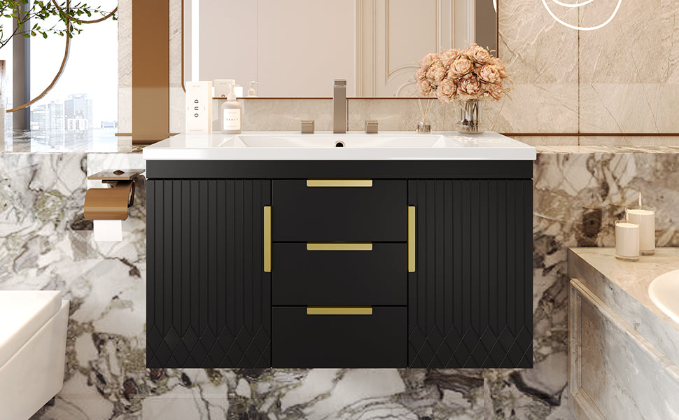 36'' Wall Mounted Bathroom Vanity With Resin Sink, Floating Bathroom Storage Cabinet With 2 Drawers, Solid Wood Bathroom Cabinet Black Bathroom Modern Mdf