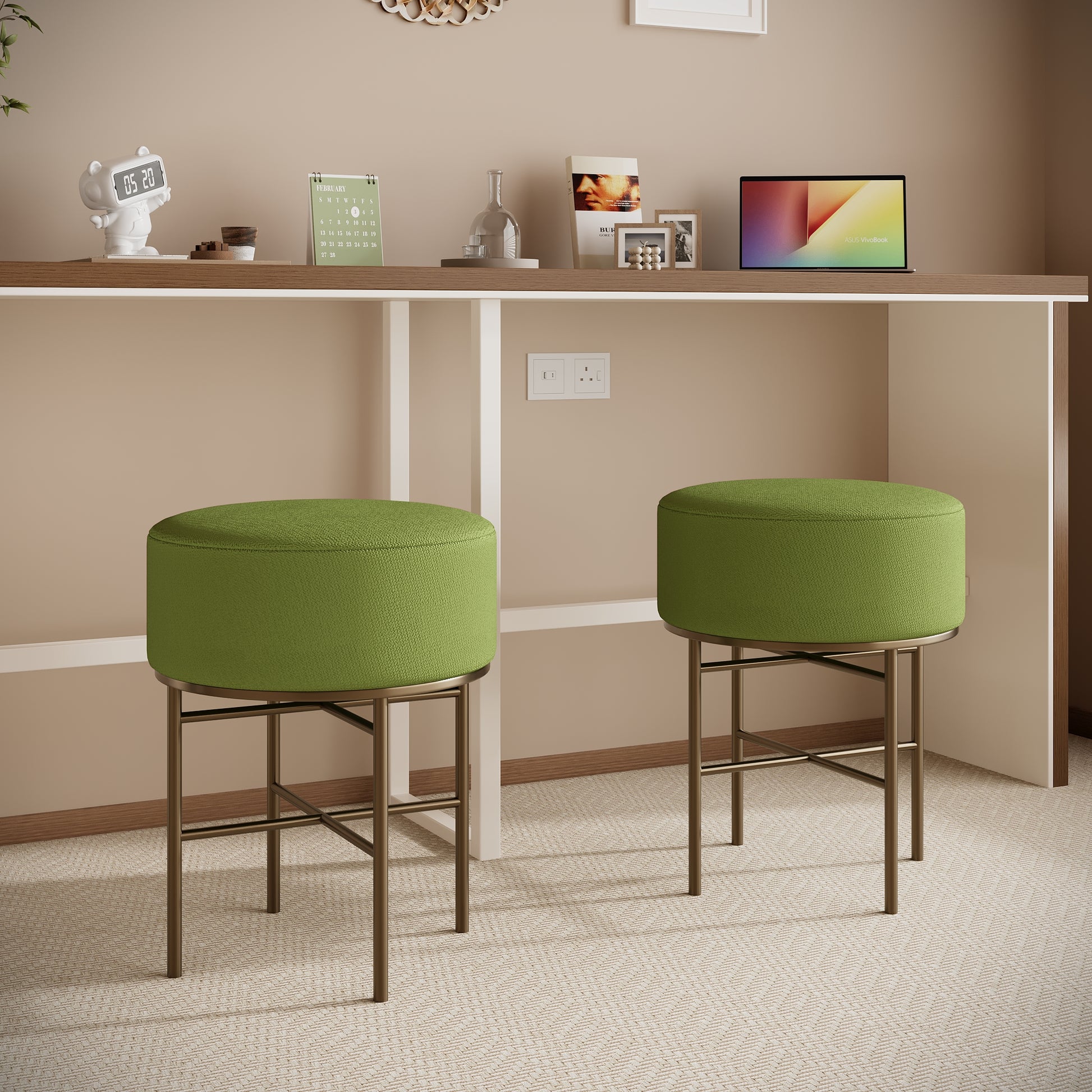 2 Pcs Round Cushioned Vanity Stool, Linen Upholstered Vanity Stool For 2 Pcs Round Cushioned Vanity Stool, Linen Upholstered Vanity Stool For