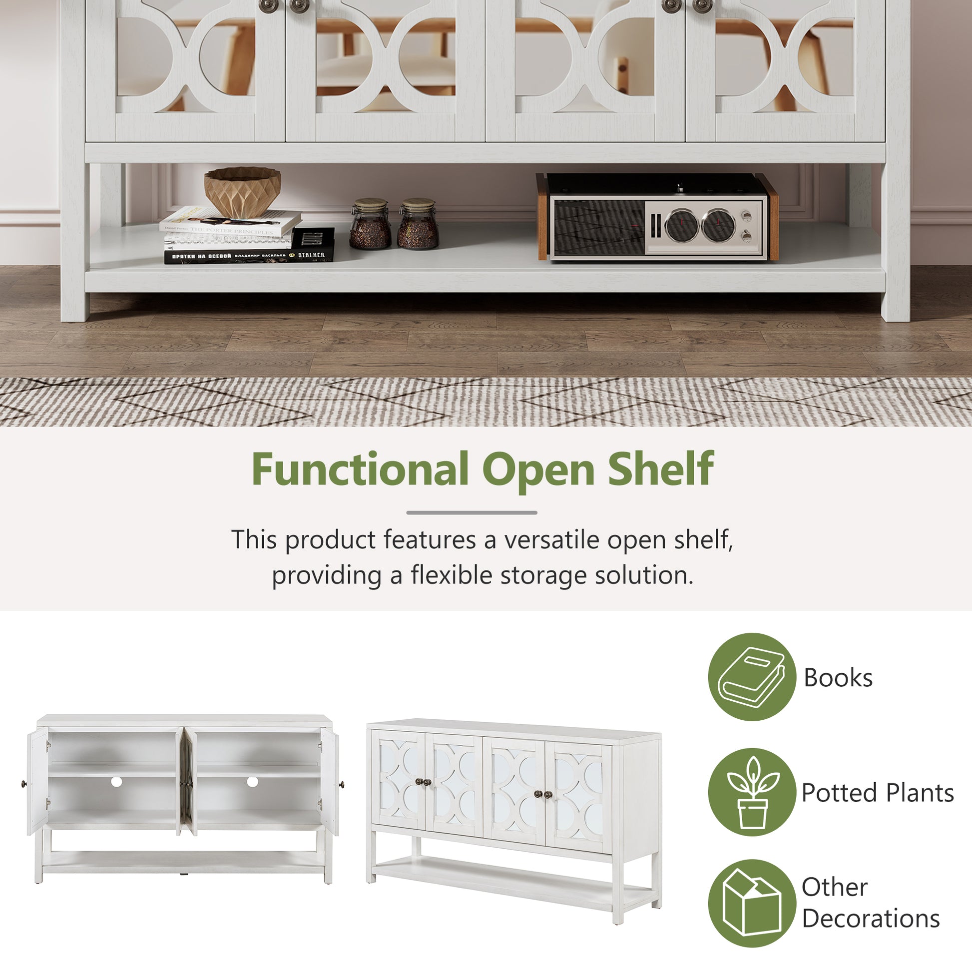 Elegant Retro Console Table Storage Cabinet Sideboard With Mirrored Doors, Spacious Shelves, And Durable Acacia Wood Legs Perfect For Living Room, Dining Room, Or Entryway Antique White Antique White Primary Living Space Solid Wood Mdf