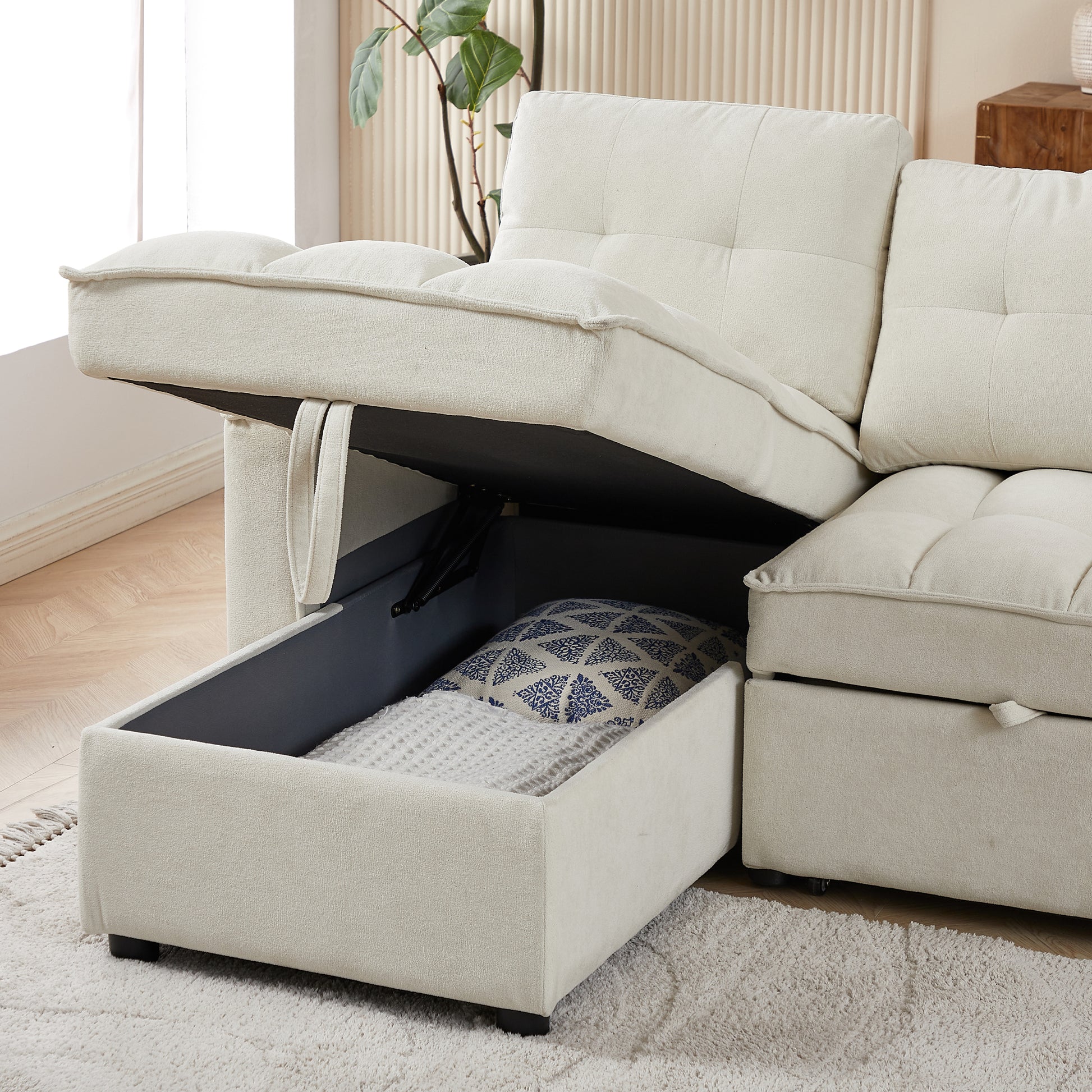 Mh 78.75" Reclining Sofa, Pull Out Sofa Bed With Usb And Tape C Charging Ports, L Shaped Sectional Sofa With Reclining Storage And Arm Side Organizer Pocket Features, Living Room Comfort Sofa Beige Chenille Wood Primary Living Space Eucalyptus Foam