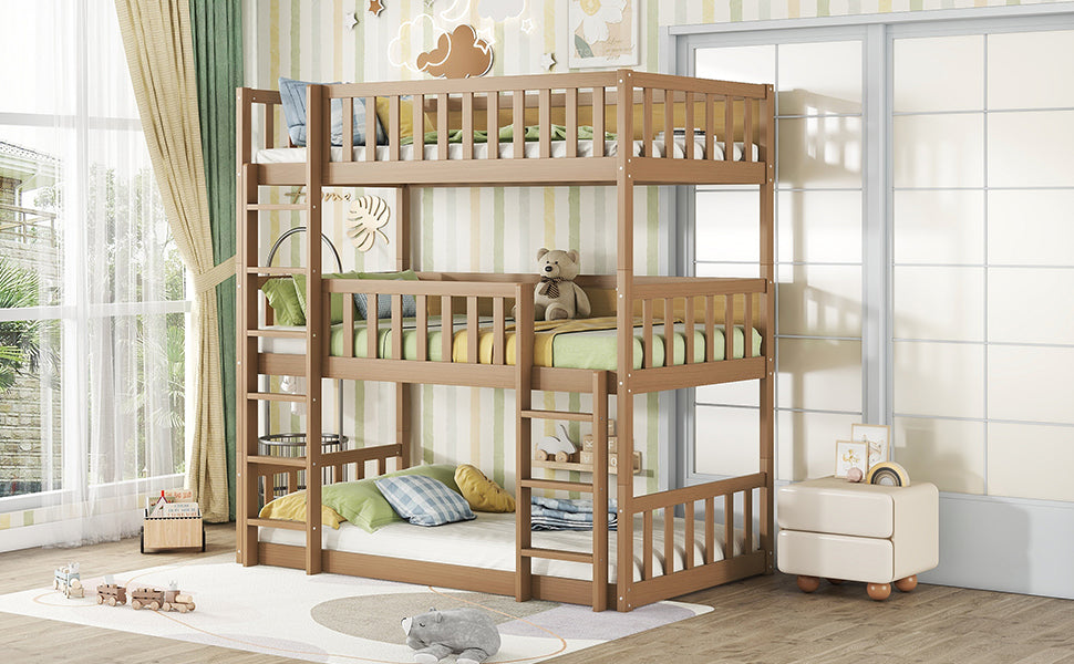 Twin Size Triple Rubber Wood Bunk Bed, With Ladders, Guardrails Detachable Bunk Bed, Twin Over Twin Over Twin,White Oak Twin White Oak Bedroom American Design Bed Frame Rubber Wood