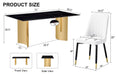 Table And Chair Set.The Table Has A Glass Top With Imitation Marble Pattern Stickers And Stainless Steel Golden Legs. Paried With Chairs With Pu Artificial Leather Backrest Cushions And Black Legs. Black Gold Seats 8 Glass Metal
