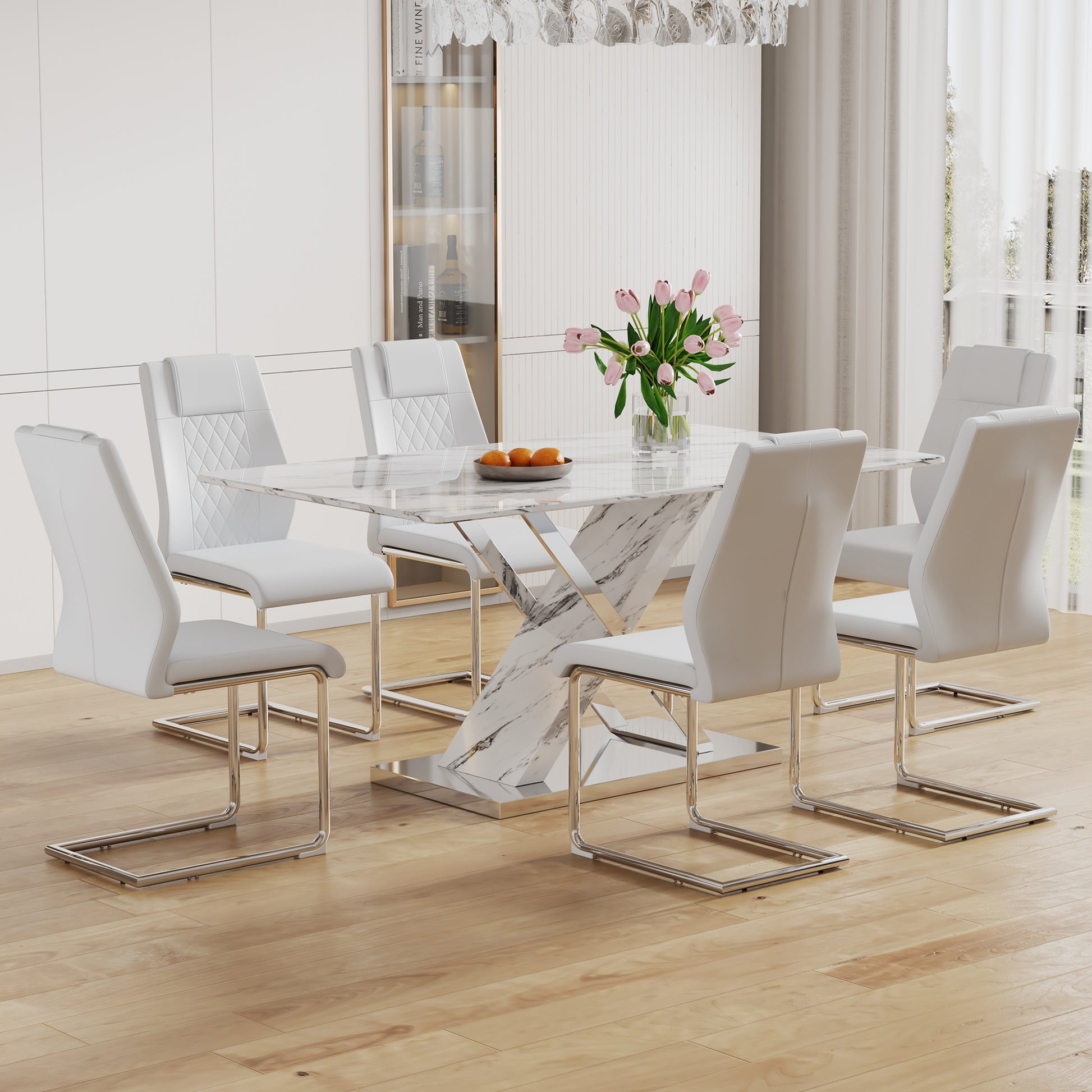 Table And Chair Set, Modern Dining Table, Imitation Marble White Top And Silver Legs, Soft And Comfortable Dining Chair, Perfect For Dinner, Meetings, Home And Office Decor White Silver Glass Metal