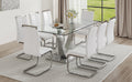 Table And Chair Set. Large Modern Rectangular Table With Glass Top And Silver Metal Legs. Furnished With Soft And Comfortable Pu Chairs With Faux Leather Upholstered Seats And Silver Metal Legs. White Silver Seats 8 Glass Metal