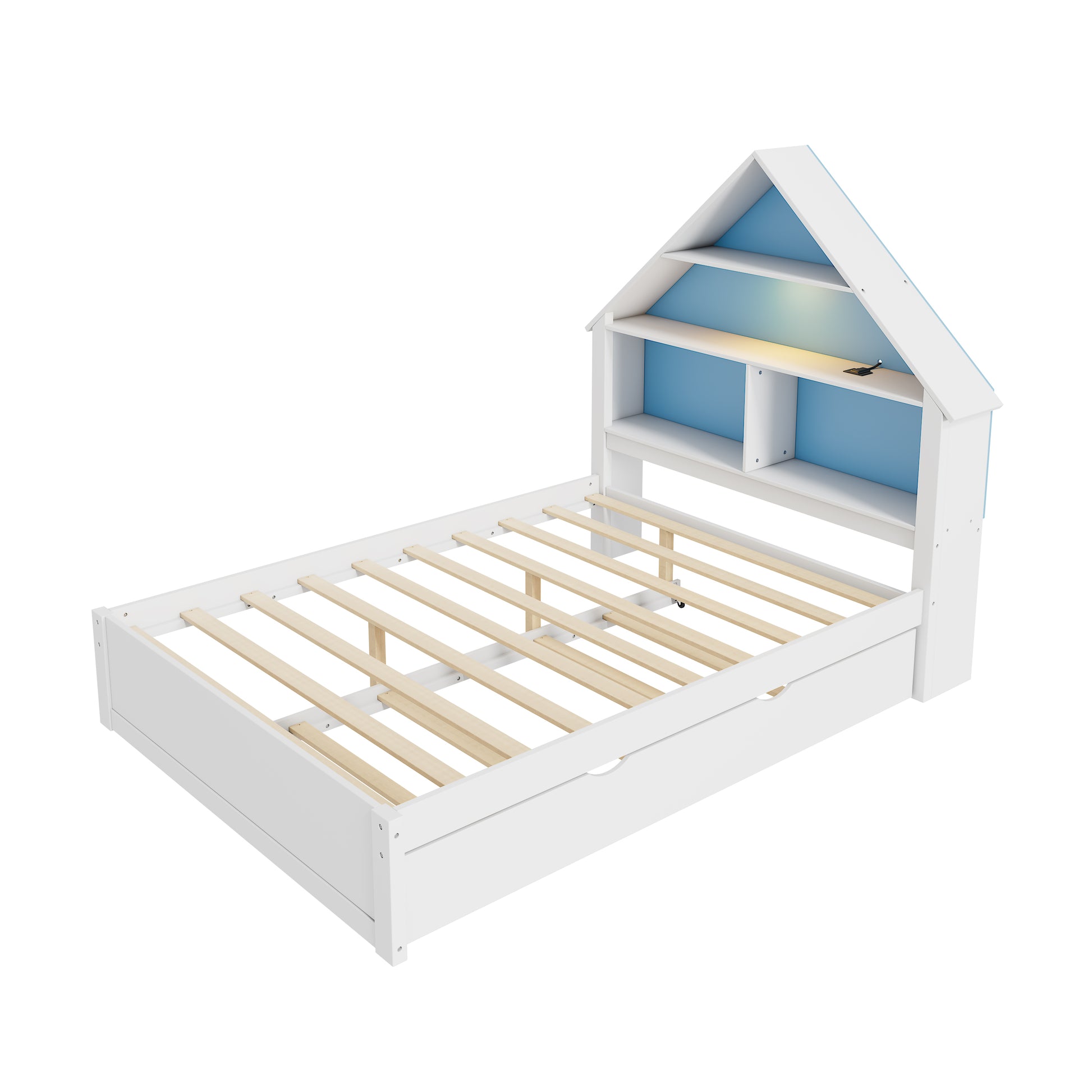 Full Size House Shaped Bed With Bookcase Headboard And Led Light And Twin Size Trundle For Kids Boys Girls, Blue White Box Spring Not Required Full White Blue Wood Bedroom Cute Bed Frame Wood