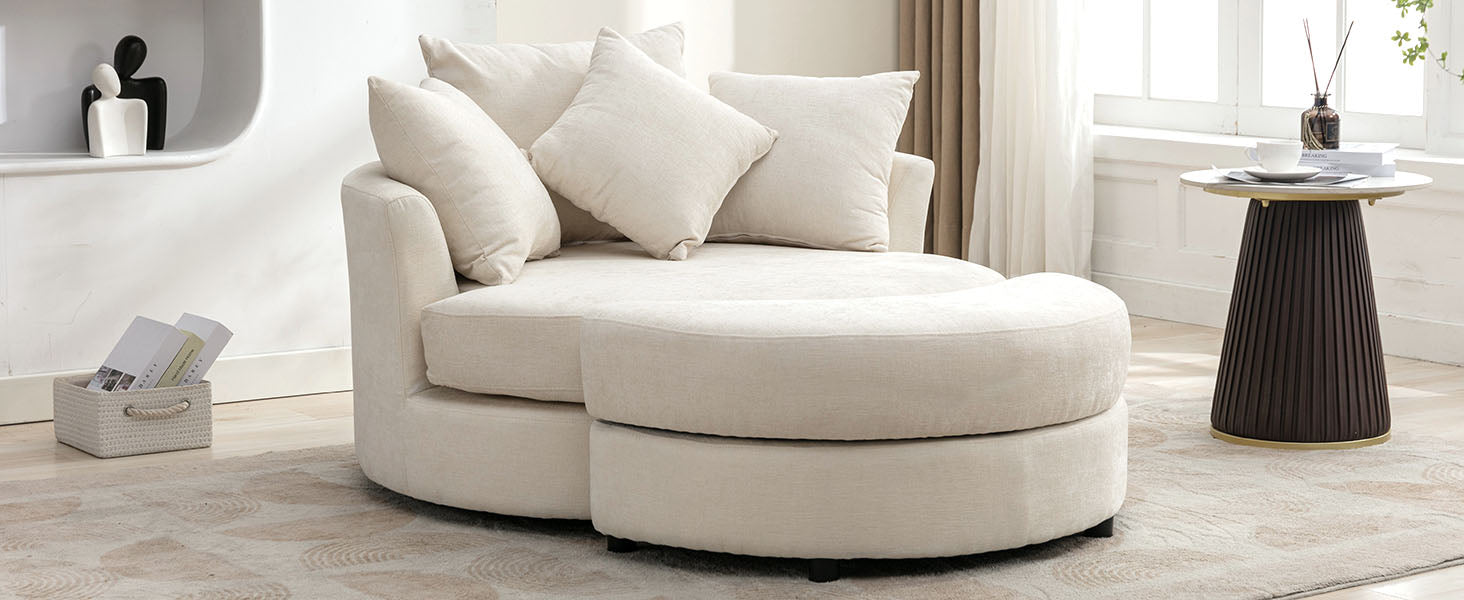 Orisfur. 360 Swivel Accent Barrel Chair With Storage Ottoman & 4 Pillows, Modern Chenille Leisure Chair Round Accent For Living Room, Cream Cream Foam Chenille