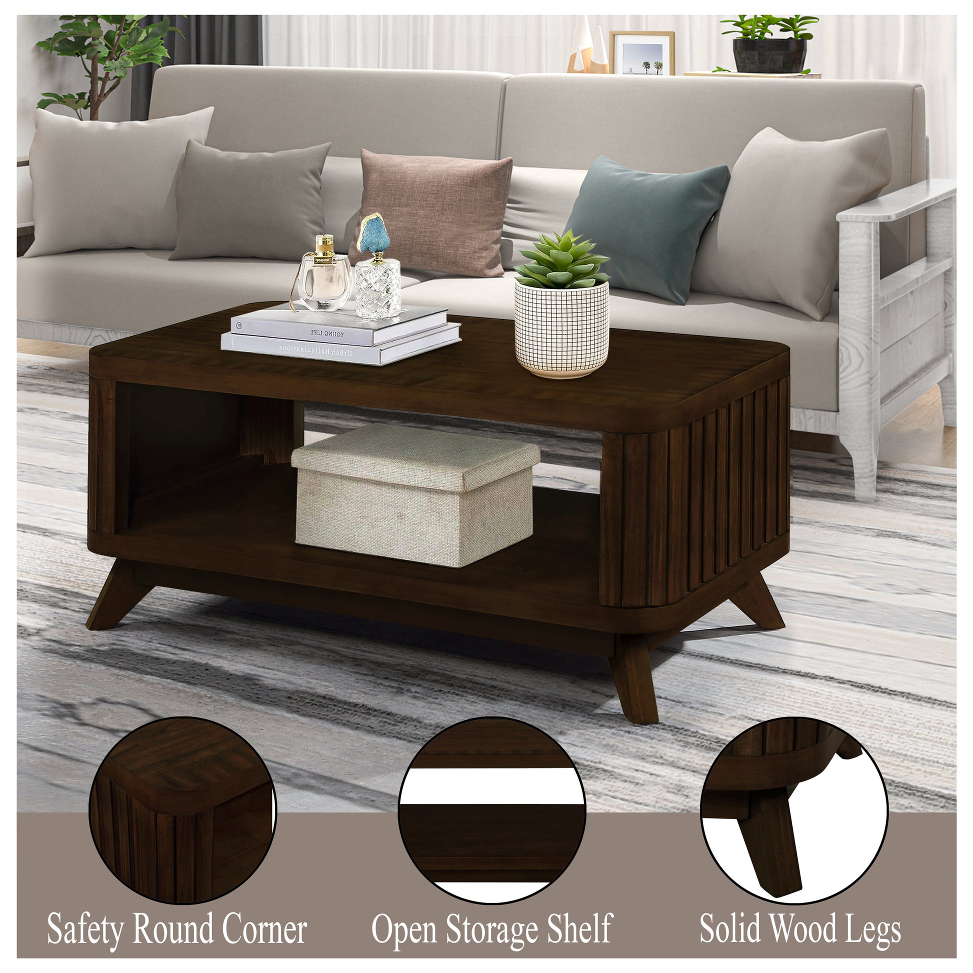 Rectangular Wood Coffee Table For Living Room, 41.5 Inch Coffee Table With Solid Wood Legs, Wood Center Table Tea Table With Open Storage Shelf. Easy Assembly, Espresso Espresso Primary Living Space Coffee & End Tables Pine