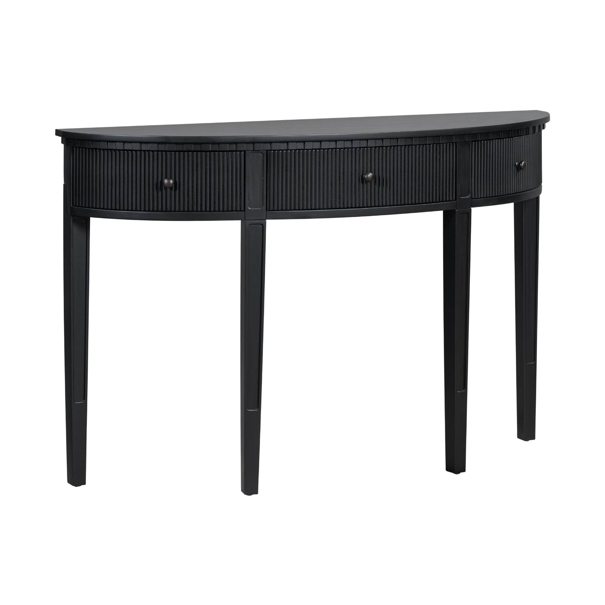 Distinctive Features Of Pine Veneer Console Table With Vertical Stripe Drawer Fronts And Four Legs Black Primary Living Space Minimalist Mdf