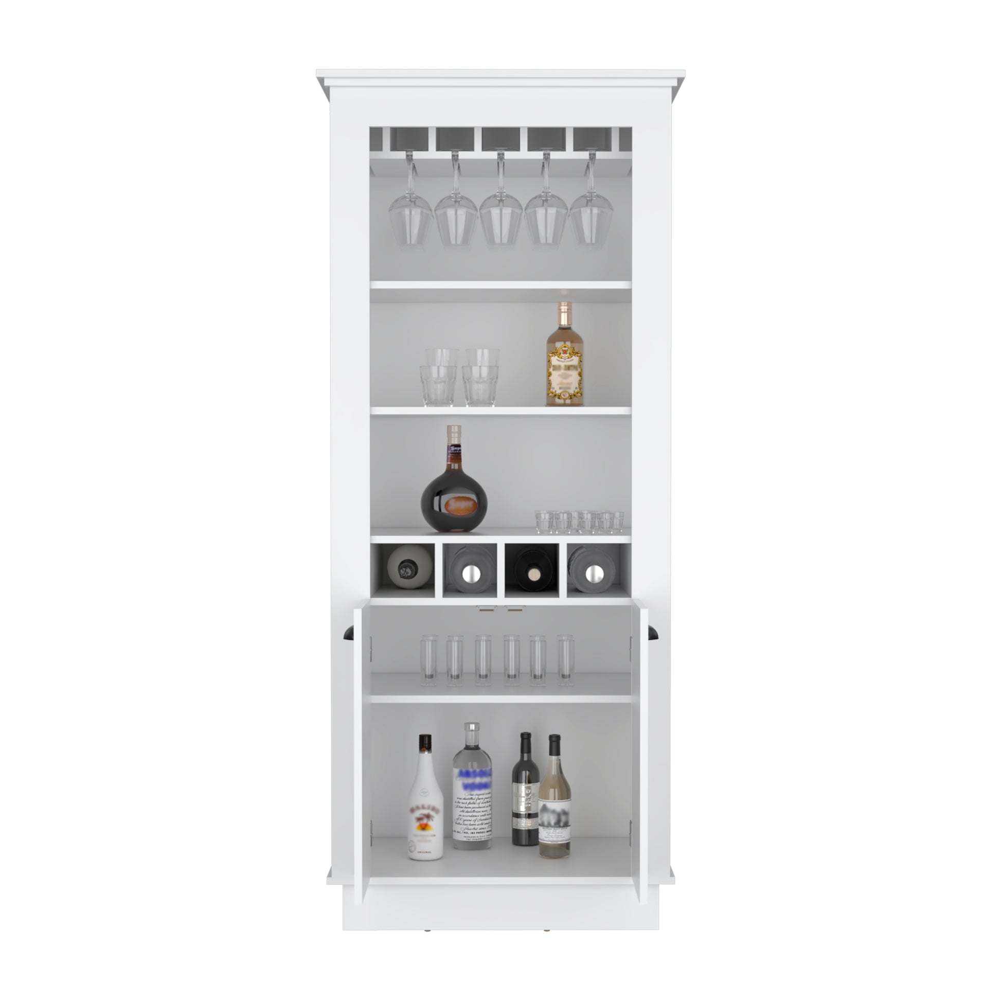 Lafayette Bar Cabinet With 4 Bottle Rack, Upper Glass Holder And Dual Door Design White Primary Living Space Modern Shelves Included Particle Board