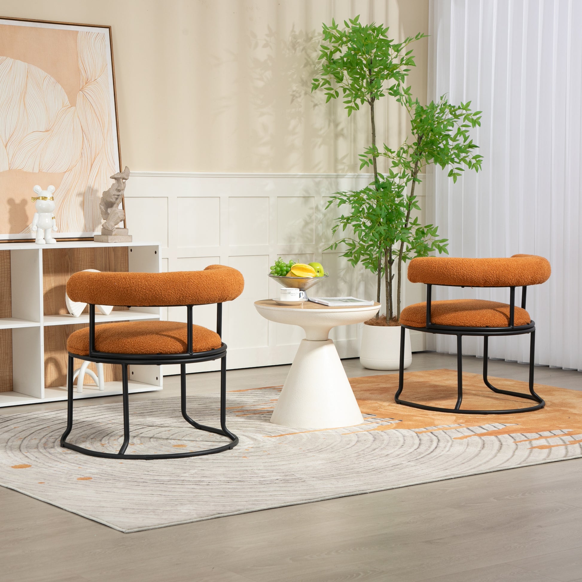 Coolmore Boucle Dining Chairs Set Of 2, Mid Century Modern Curved Backrest Chair, Round Upholstered Kitchen Chairs Orange Boucle Orange Foam Mdf Metal